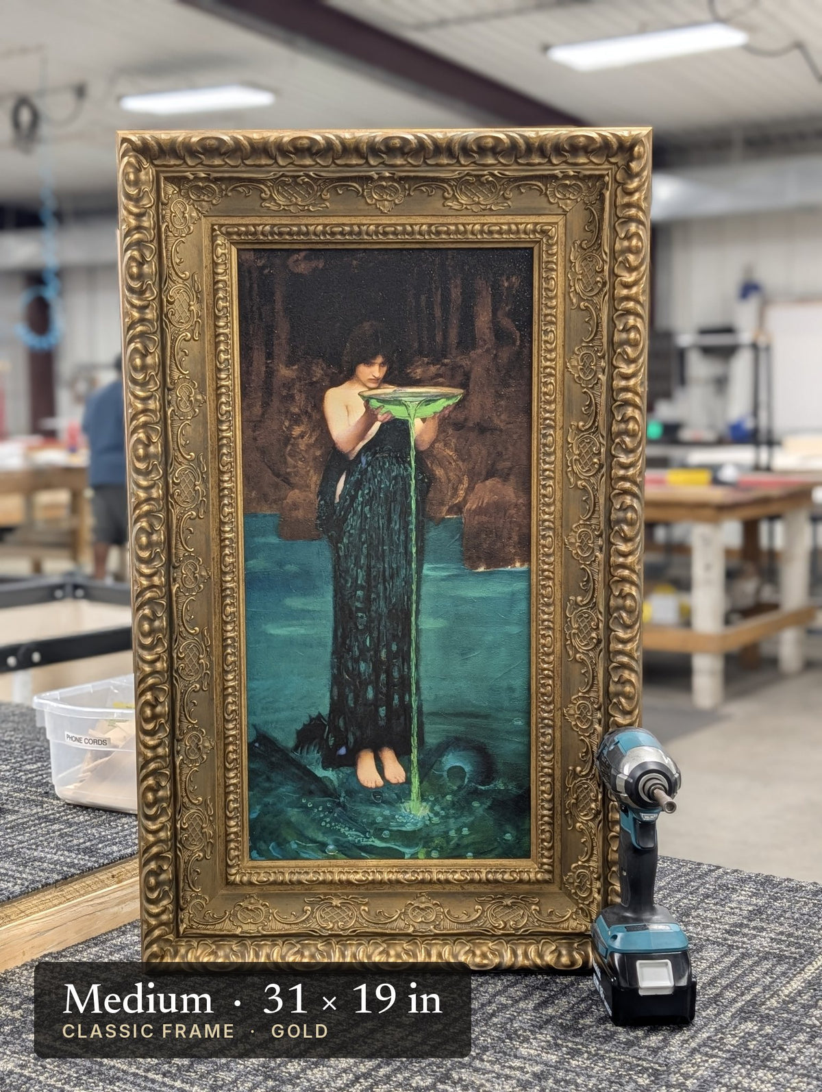 Circe Invidiosa – John William Waterhouse, 1892, Medium Classic Gold frame, photographed on our worktable