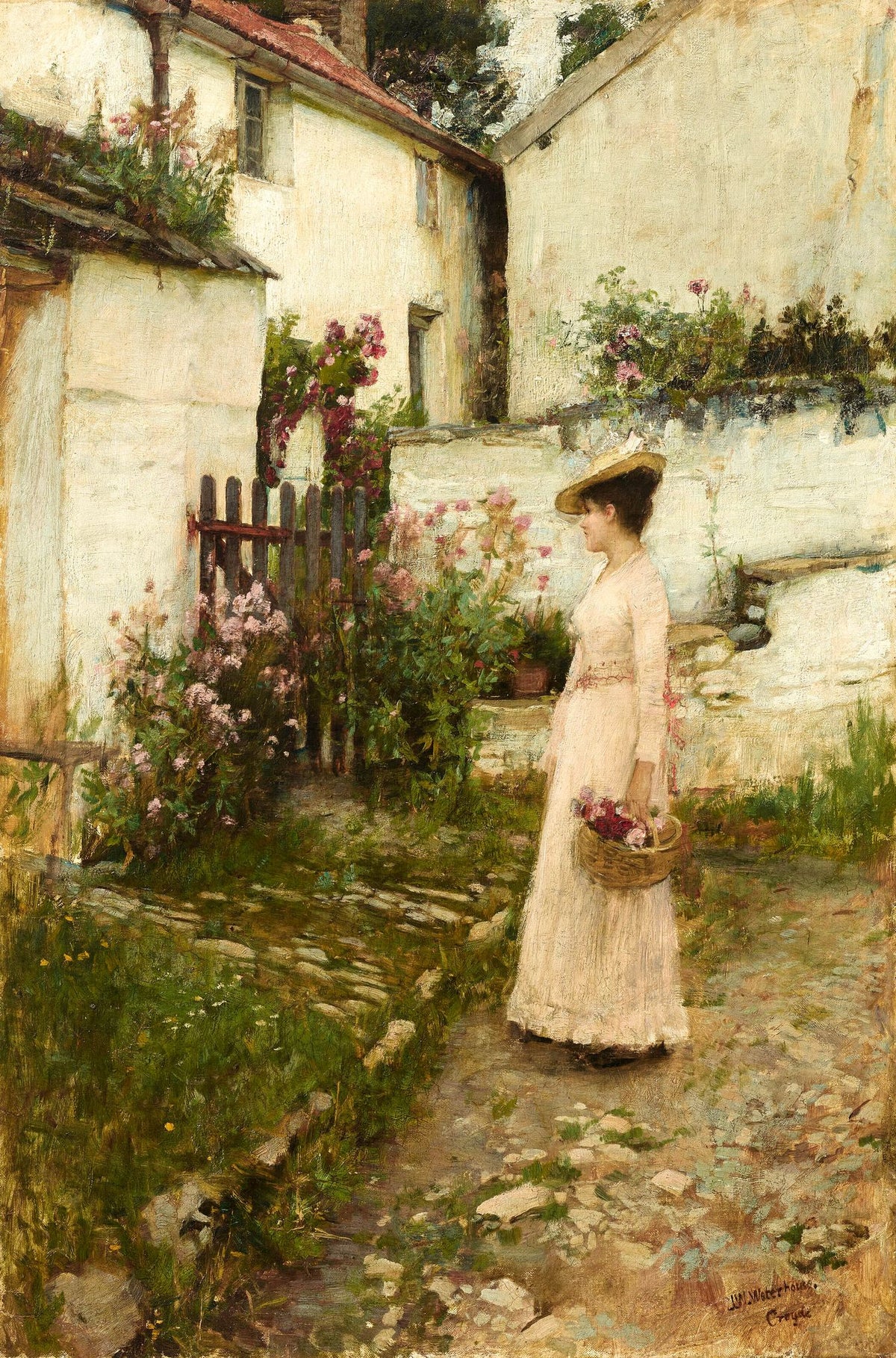 Gathering Flowers In A Devonshire Garden – John William Waterhouse, 1892, framed