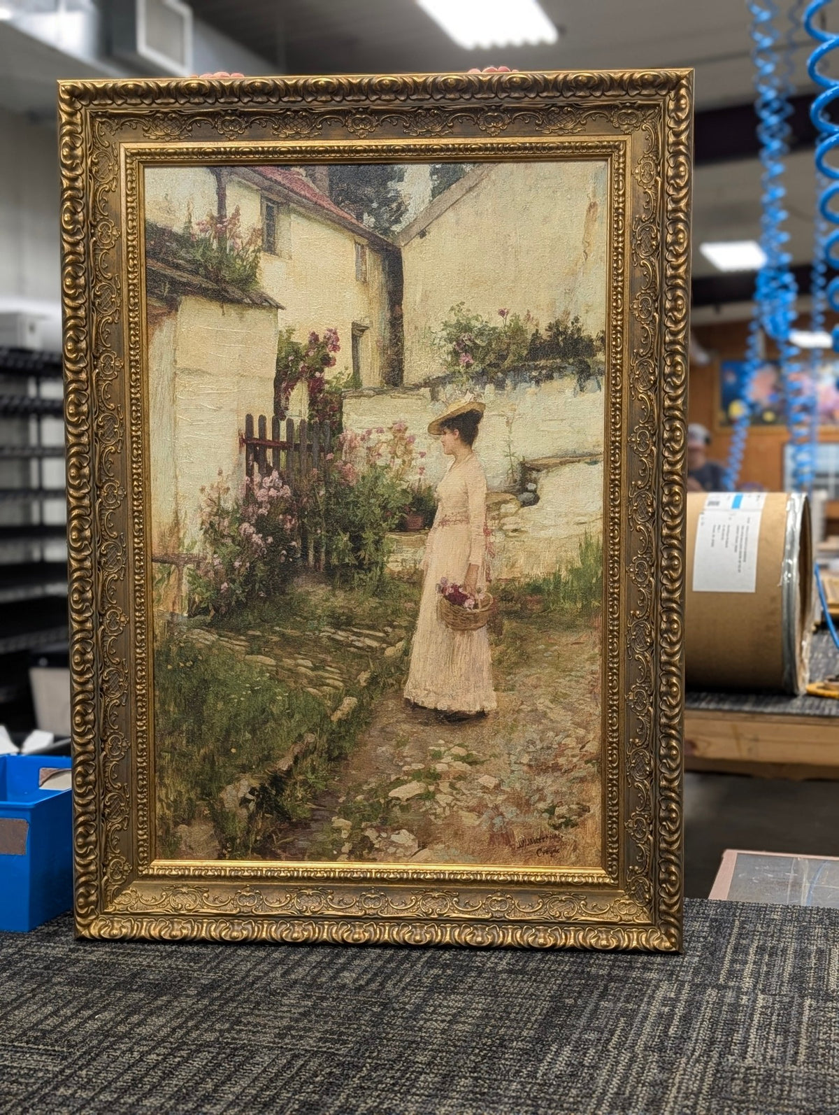 Gathering Flowers In A Devonshire Garden – John William Waterhouse, 1892, Large Classic Gold frame, photographed on our worktable