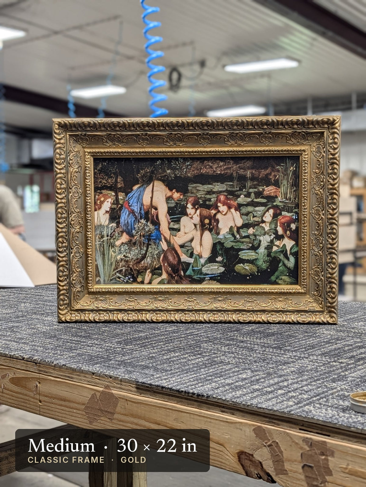 Hylas and the Nymphs – John William Waterhouse, 1896, Medium Classic Gold frame, photographed on our worktable