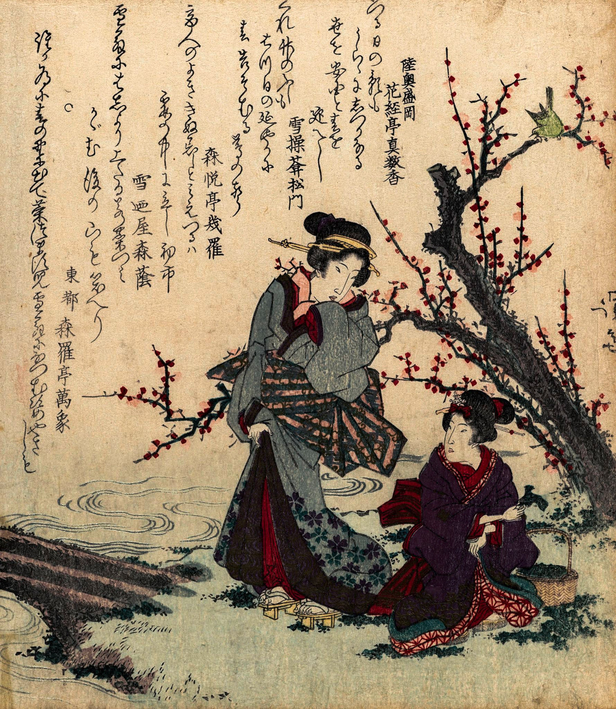 Two Women Gathering Herbs – Keisai Eisen, c. 1820s, framed