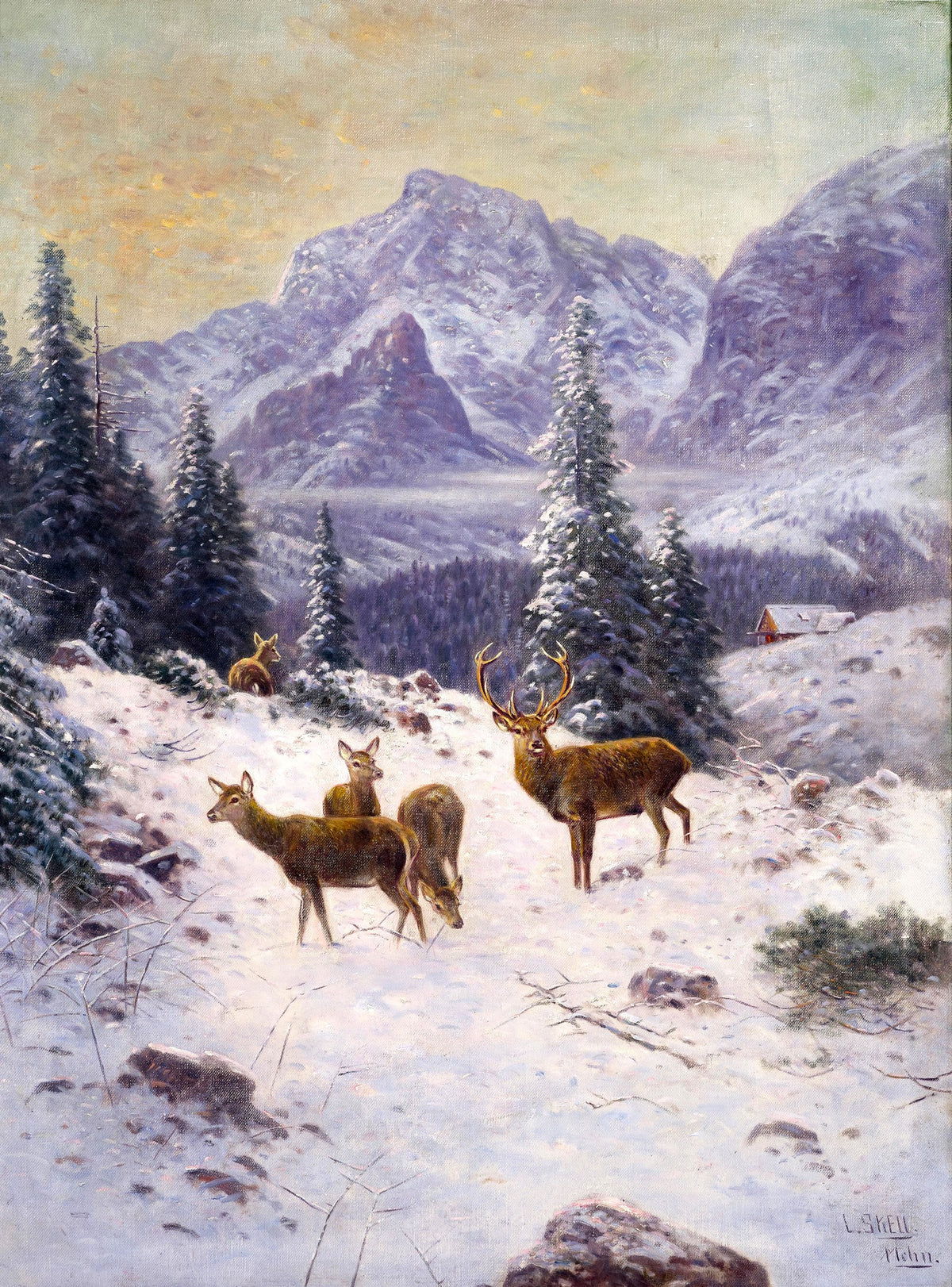 Hirschfamilie in Winterlandschaft – Ludwig Skell, c. 1890, framed
