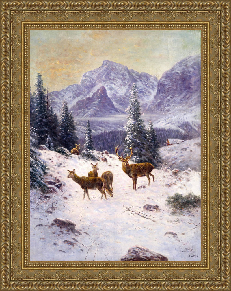 Hirschfamilie in Winterlandschaft – Ludwig Skell, c. 1890