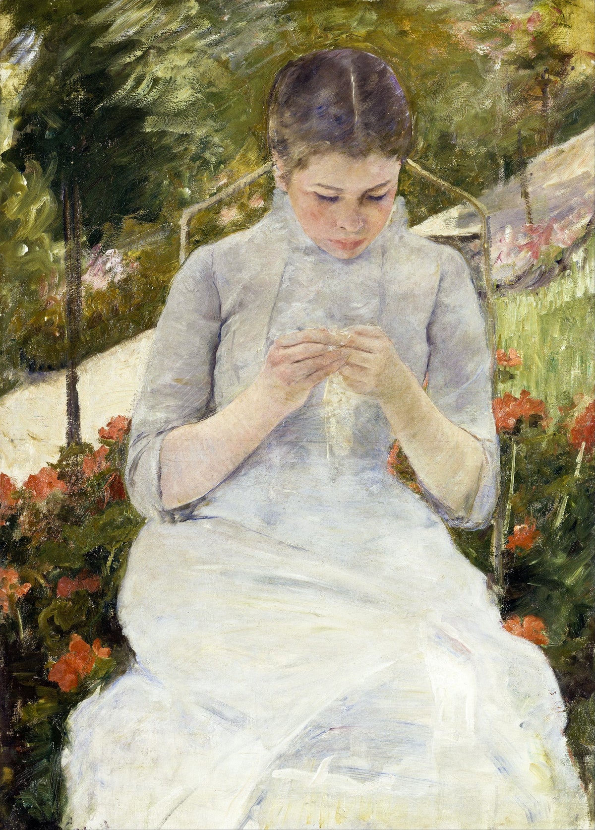Young Woman Sewing in the Garden – Mary Cassatt, 1880, framed