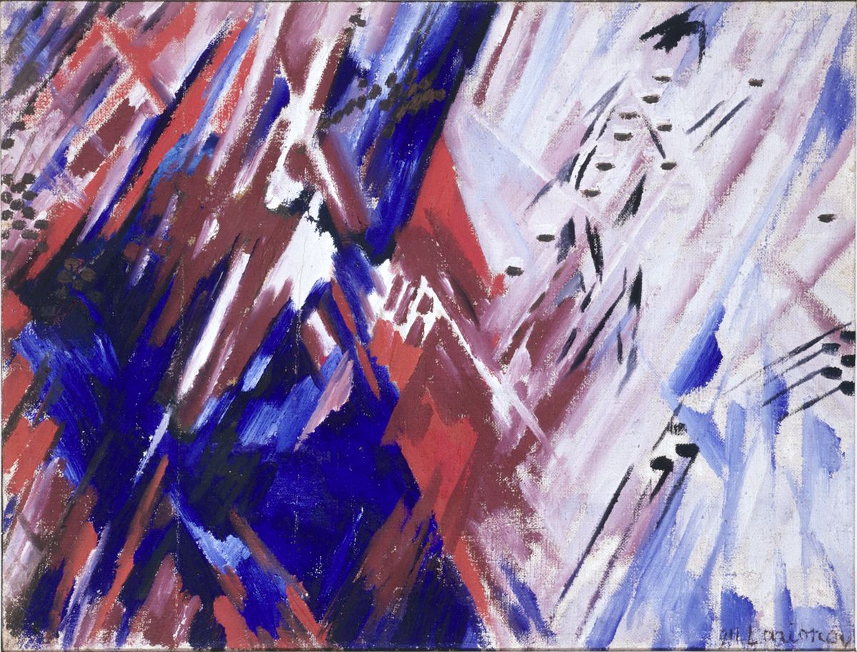 Rayonist Composition in Red and Blue – Mikhail Larionov, c. 1912–1913, framed