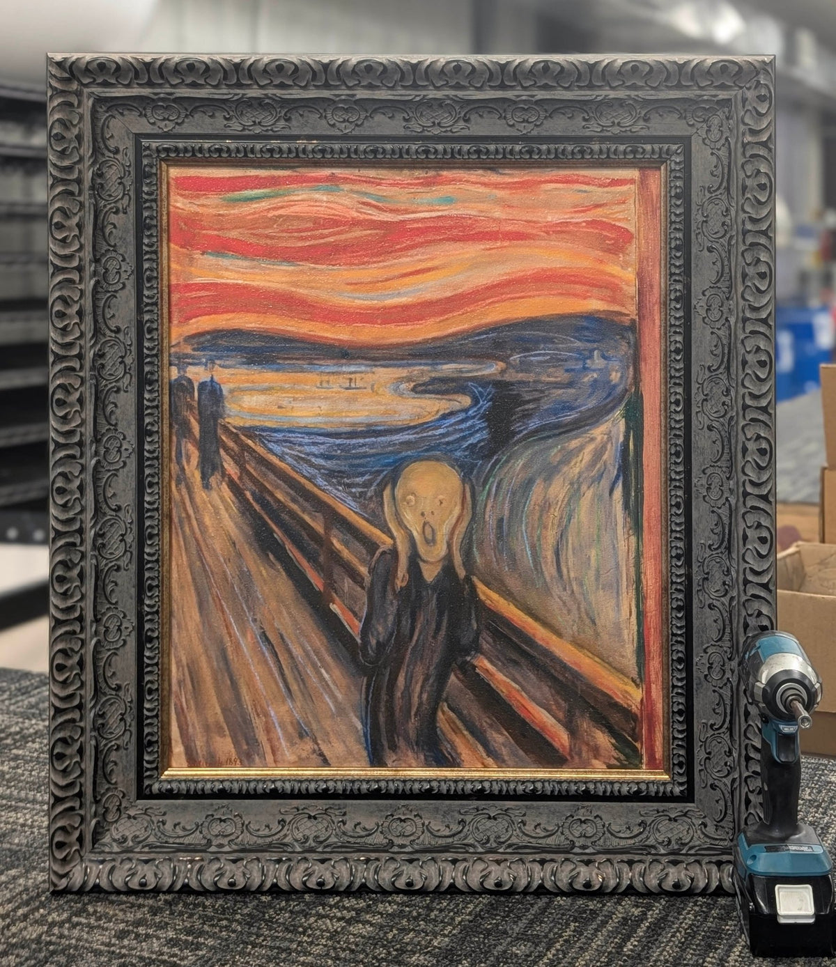 The Scream – Edvard Munch, 1893, Medium Classic Charcoal frame, photographed on our worktable