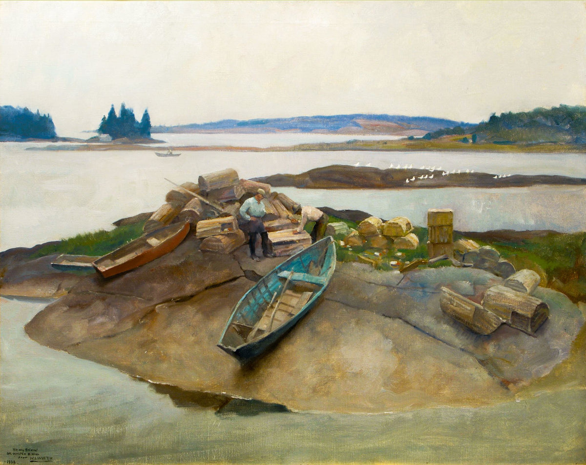 Mending Traps, Martinsville, Maine – N. C. Wyeth, 1939, framed