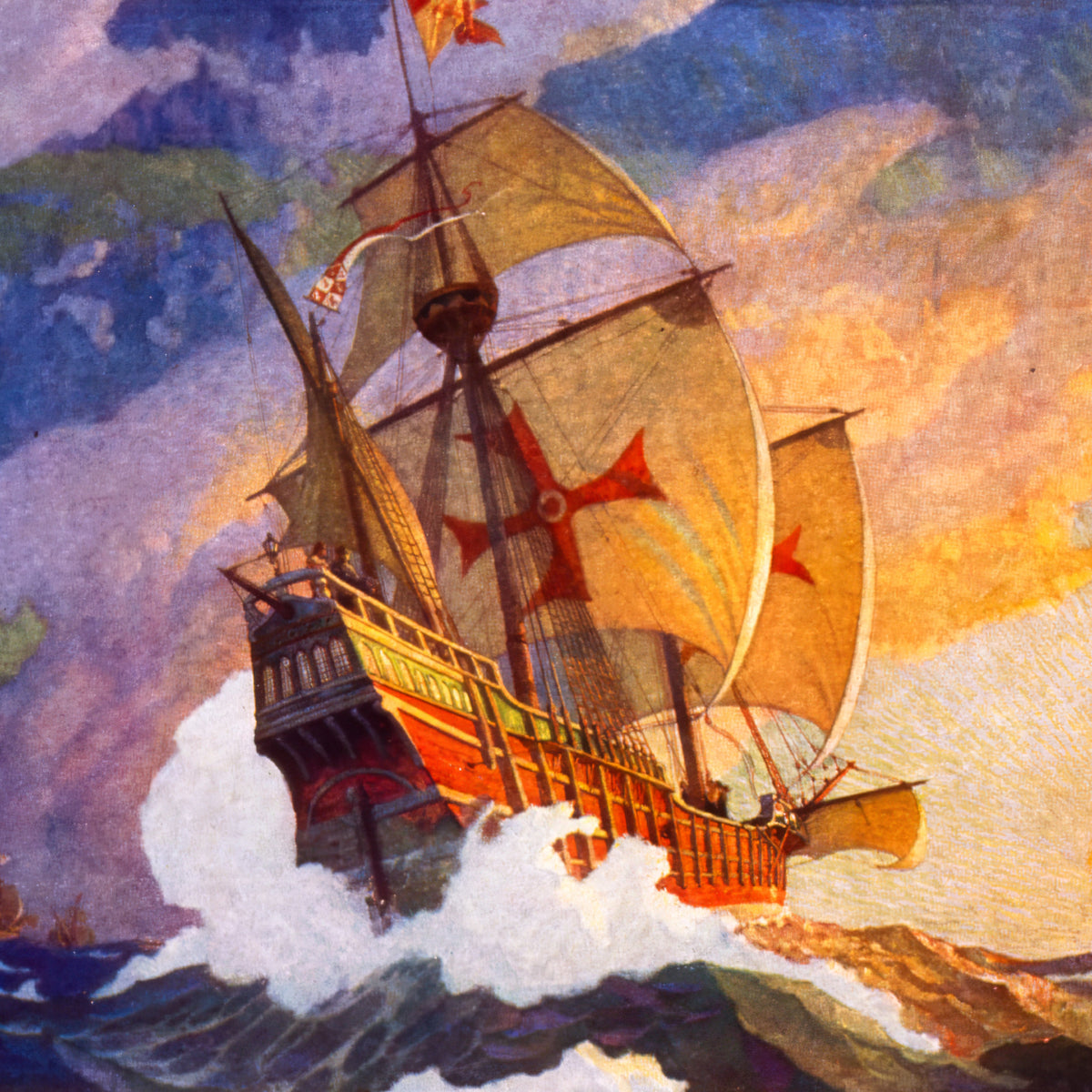An Expedition Ship Under Full Sail – N.C. Wyeth, 1927, print detail at full resolution