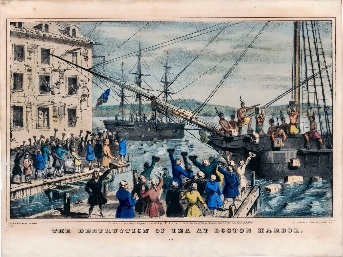 Destruction of Tea at Boston Harbor – Nathaniel Currier, 1846, framed