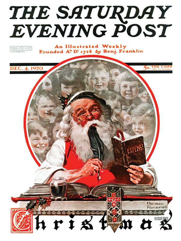 Santa with Expense Book, Saturday Evening Post Cover, December 4, 1920 – Norman Rockwell, 1920, framed
