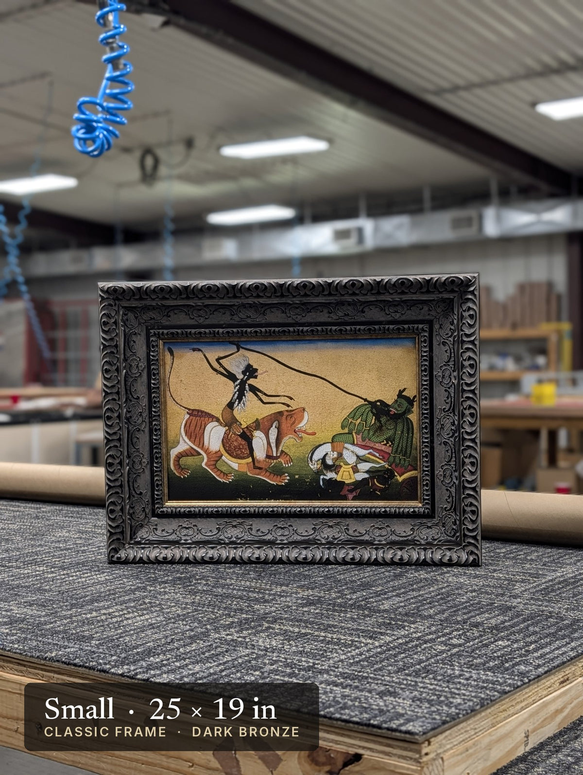 Kali Attacking Nishumbha – Pahari School, Small Classic Charcoal frame, photographed on our worktable