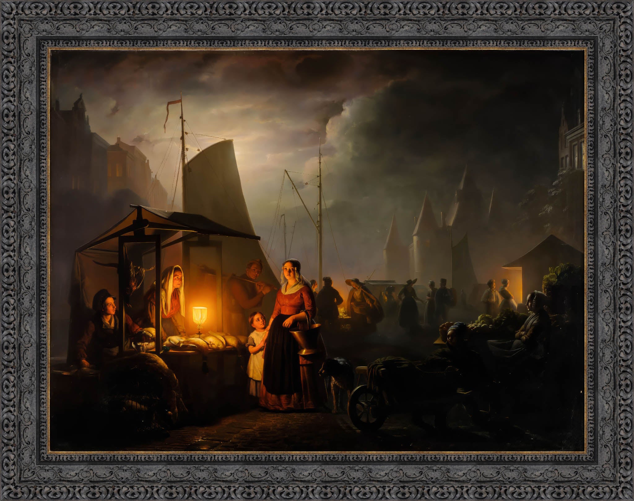 A Market By Candlelight by Petrus van Schendel — Framed Giclee Canvas Print | Canvas Classics