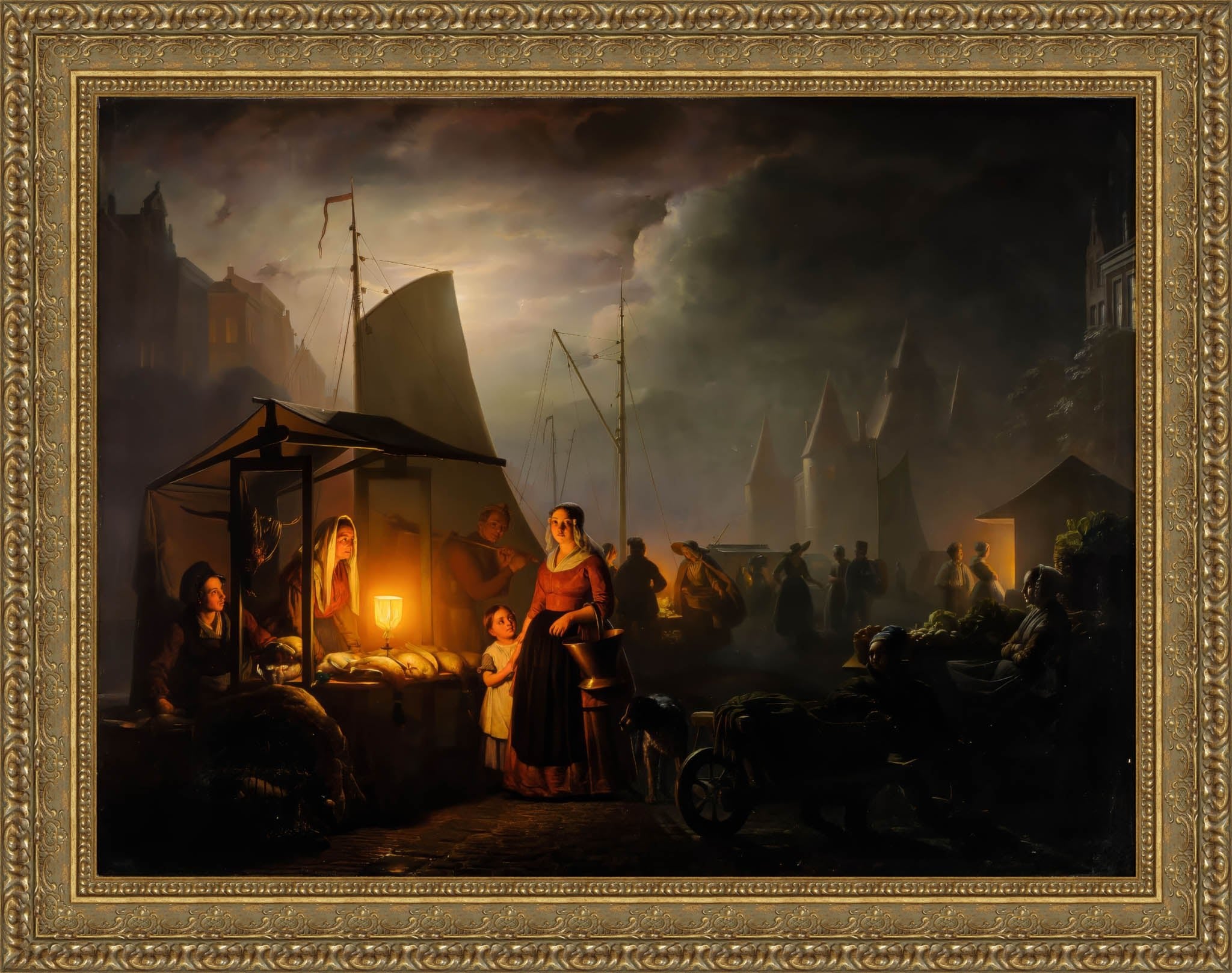 A Market By Candlelight by Petrus van Schendel — Framed Giclee Canvas Print | Canvas Classics