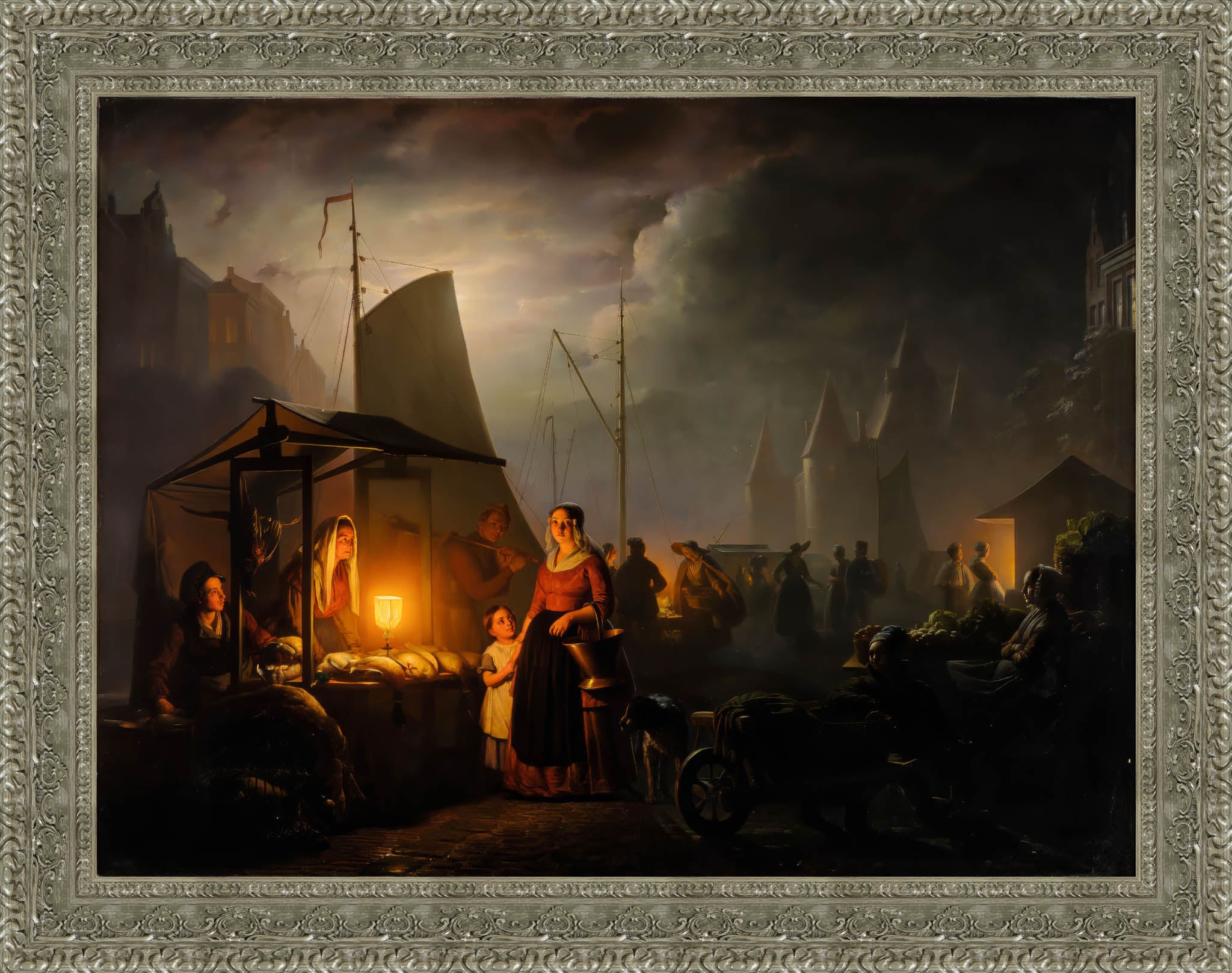 A Market By Candlelight by Petrus van Schendel — Framed Giclee Canvas Print | Canvas Classics