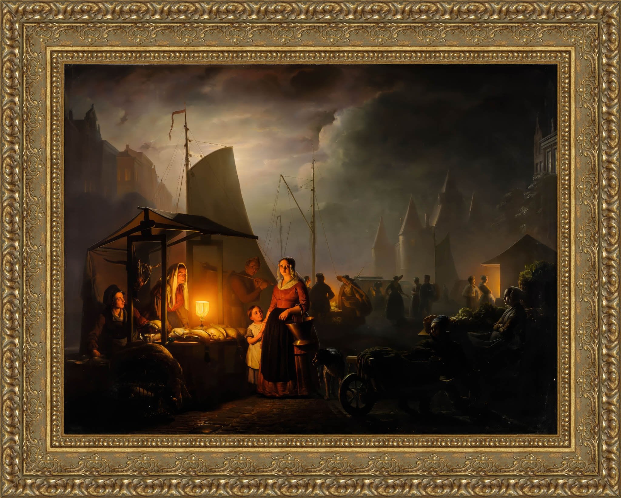 A Market By Candlelight by Petrus van Schendel — Framed Giclee Canvas Print | Canvas Classics