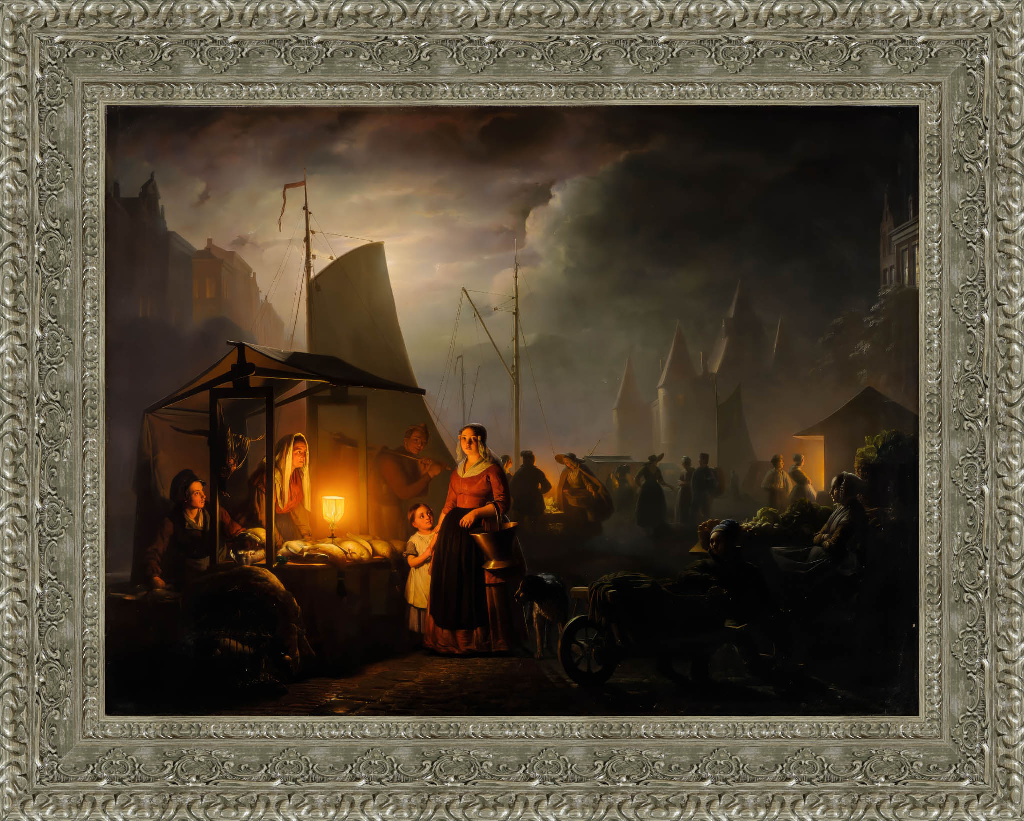 A Market By Candlelight by Petrus van Schendel — Framed Giclee Canvas Print | Canvas Classics