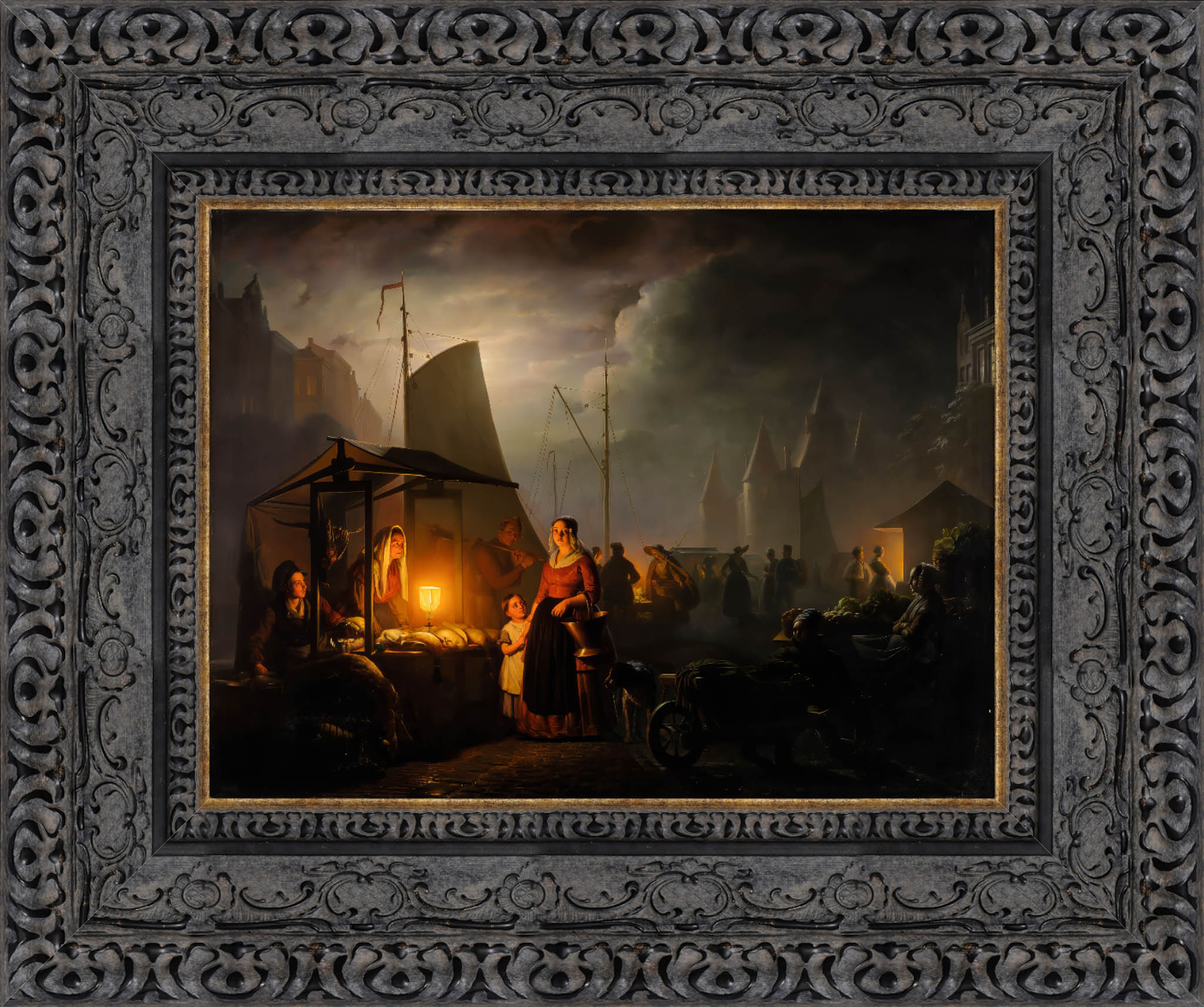 A Market By Candlelight by Petrus van Schendel — Framed Giclee Canvas Print | Canvas Classics