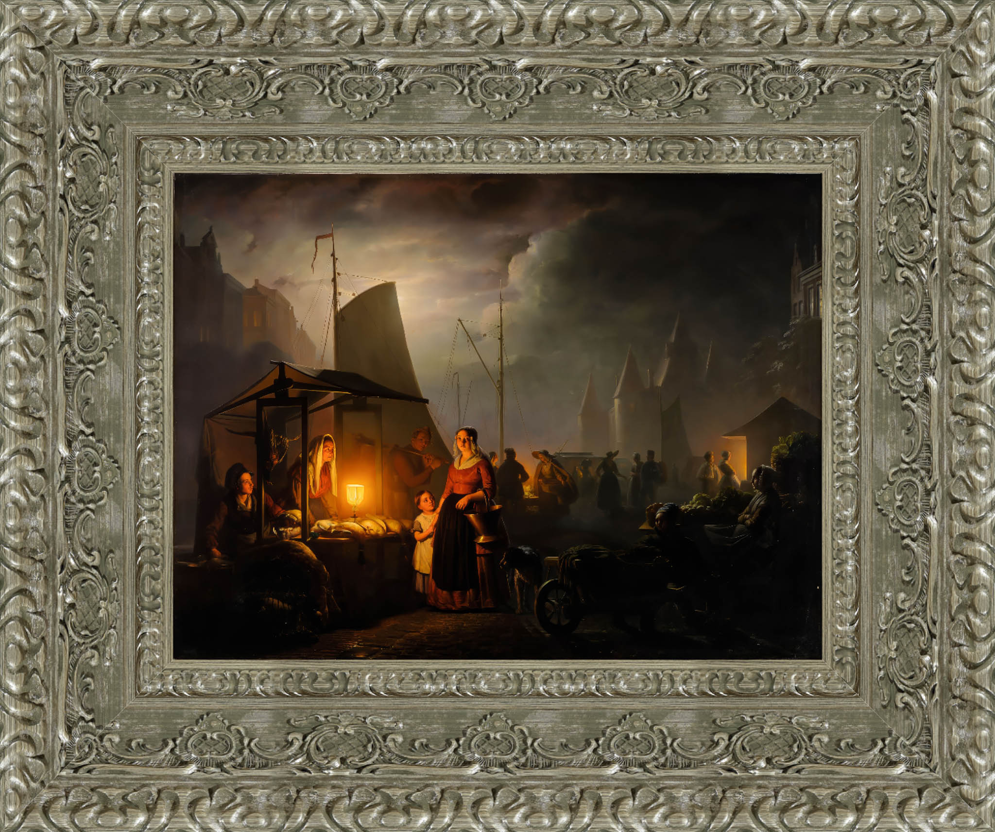 A Market By Candlelight by Petrus van Schendel — Framed Giclee Canvas Print | Canvas Classics