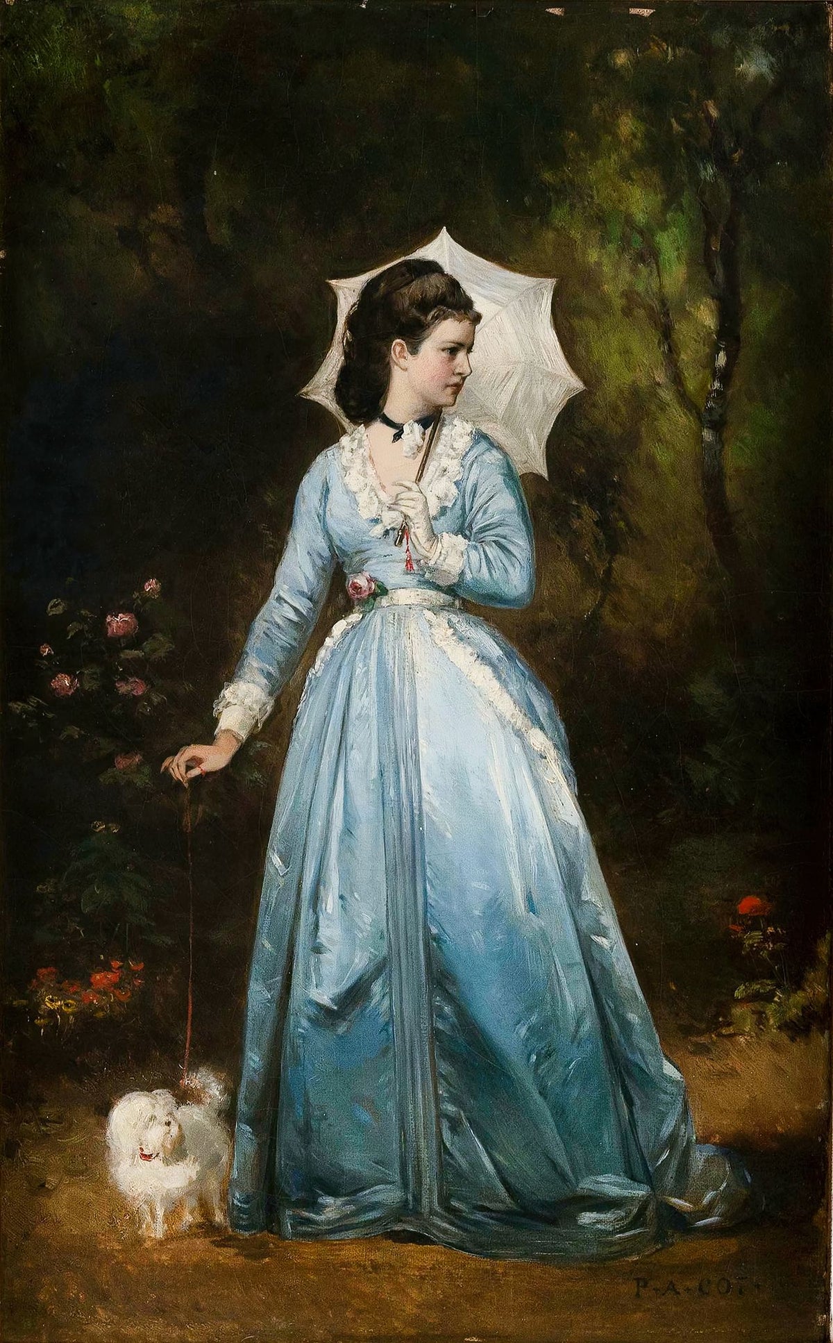 A Young Woman Walking Her Dog – Pierre Auguste Cot, c. 1874, framed