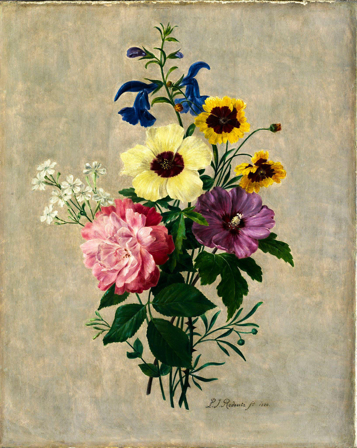 Bouquet with Rose, Delphinium, and Anemone – Pierre-Joseph Redouté, c. 1820s, framed