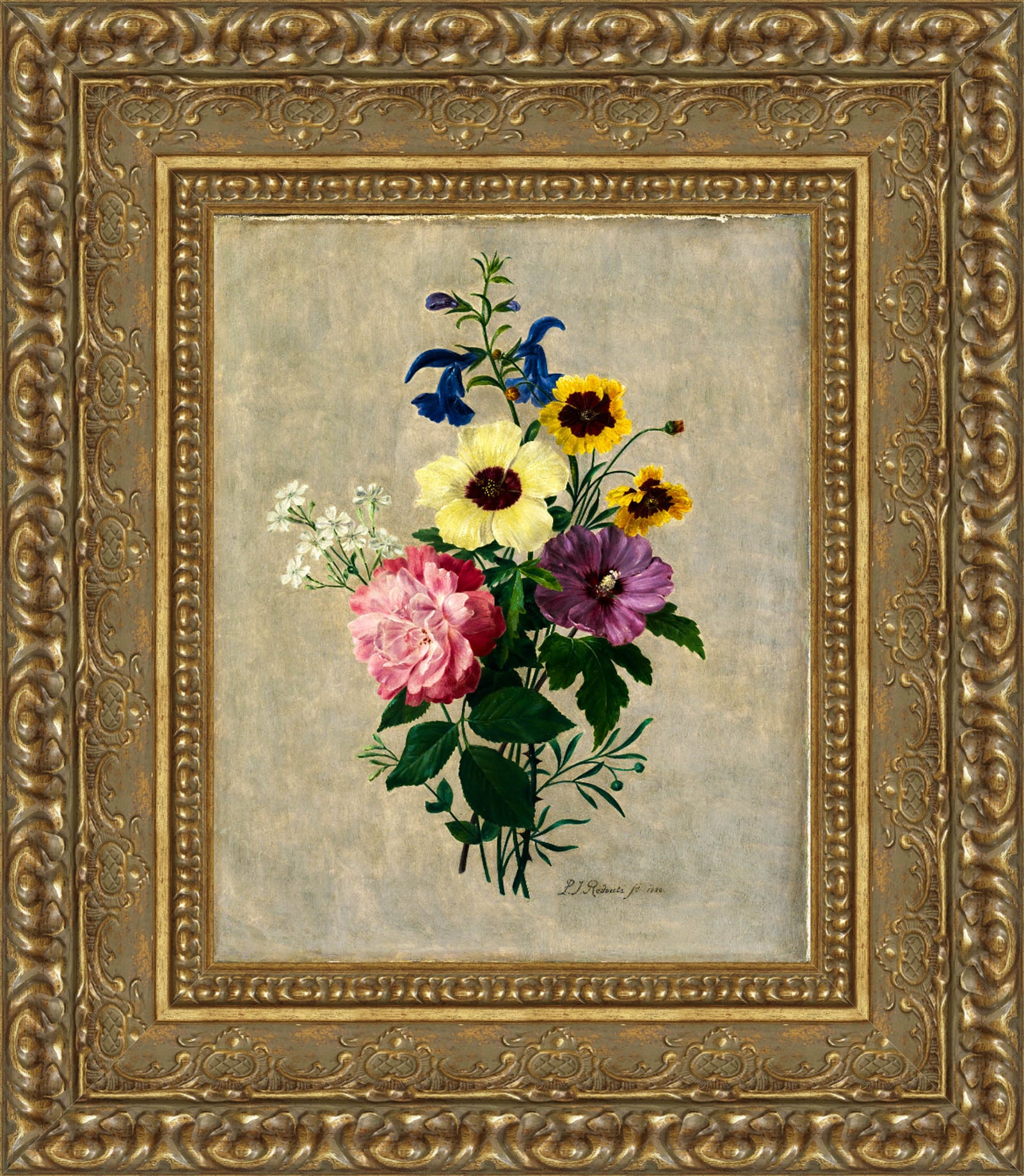 Bouquet with Rose, Delphinium, and Anemone – Pierre-Joseph Redouté, c. 1820s