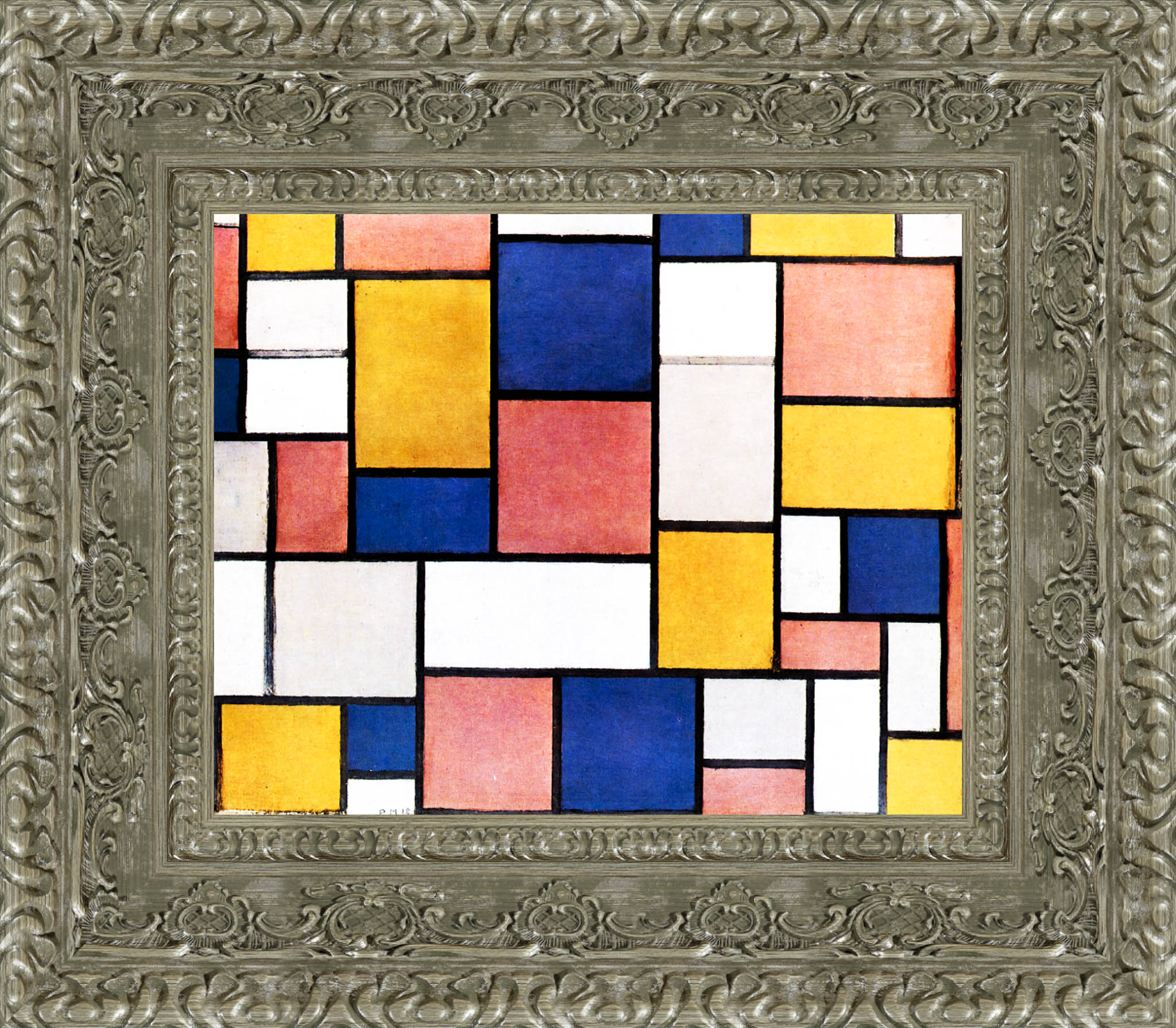 Composition Colour Planes with Grey Contours by Piet Mondrian — Framed Giclee Canvas Print | Canvas Classics