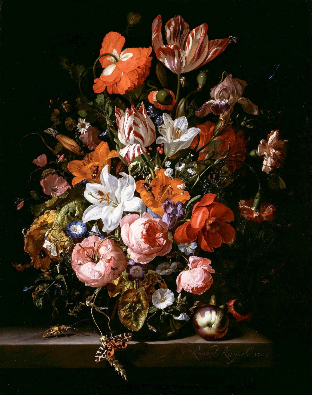 Flowers In A Glass Vase – Rachel Ruysch, 1704, framed