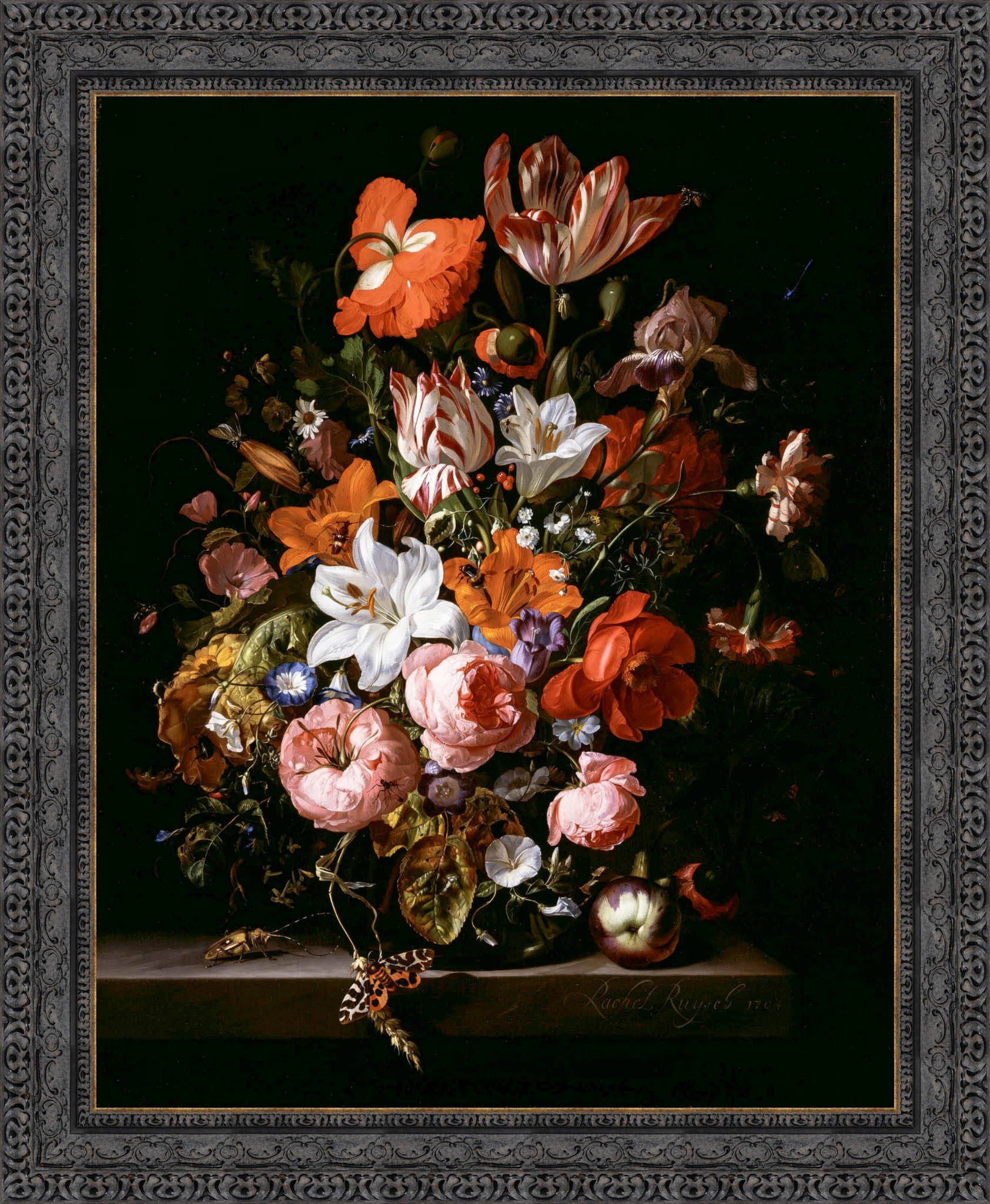 Flowers In A Glass Vase by Rachel Ruysch — Framed Giclee Canvas Print | Canvas Classics