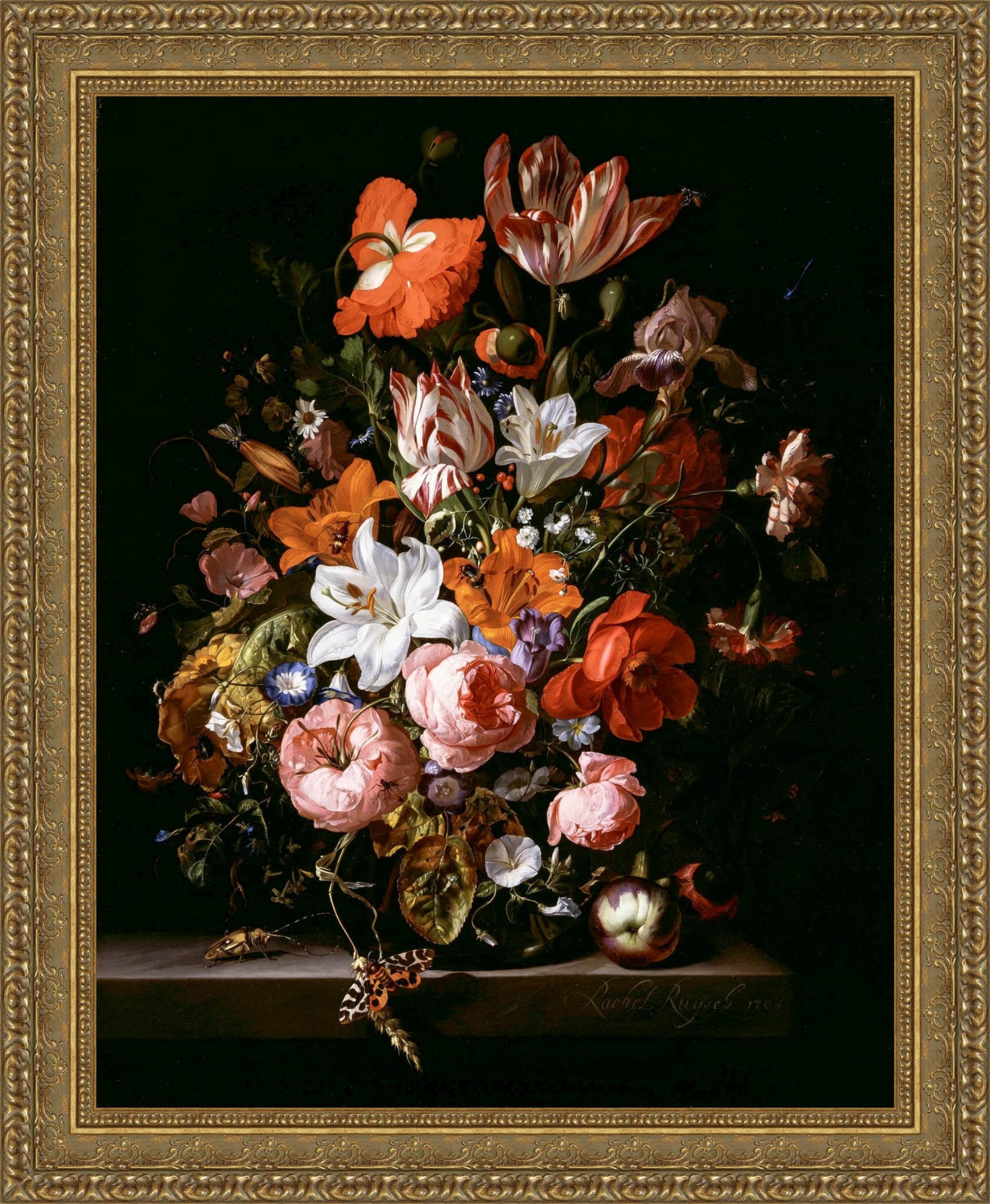 Flowers In A Glass Vase by Rachel Ruysch — Framed Giclee Canvas Print | Canvas Classics