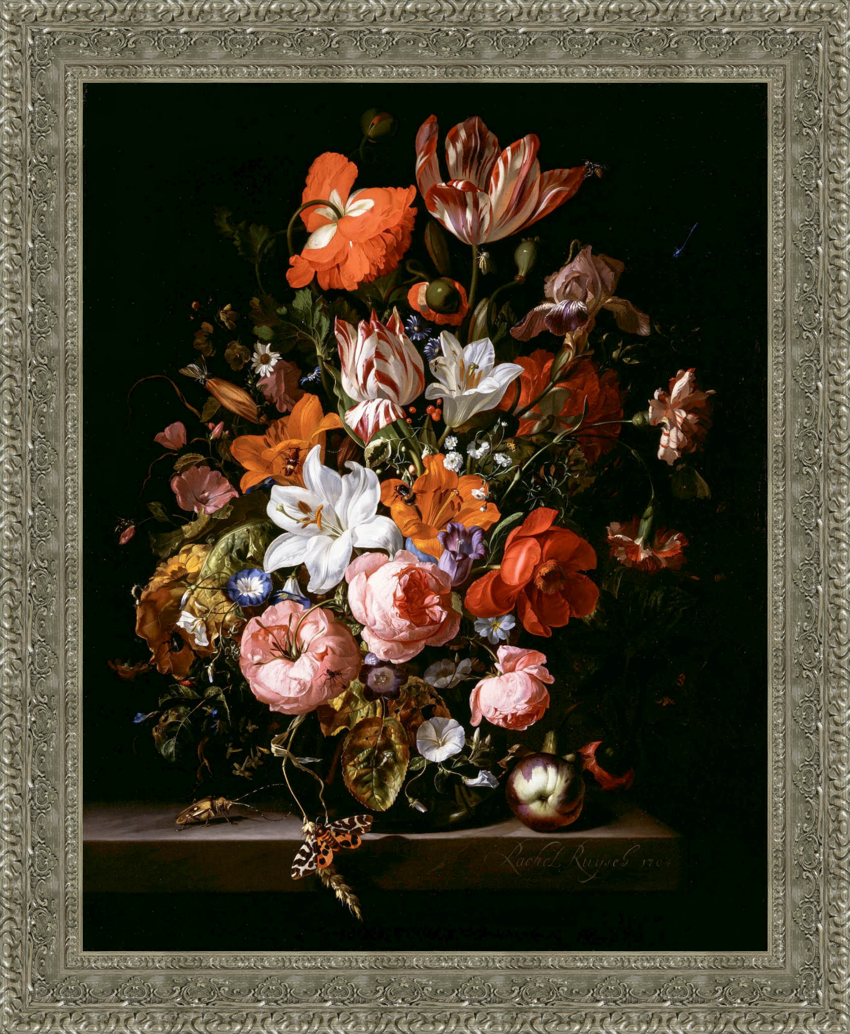 Flowers In A Glass Vase by Rachel Ruysch — Framed Giclee Canvas Print | Canvas Classics