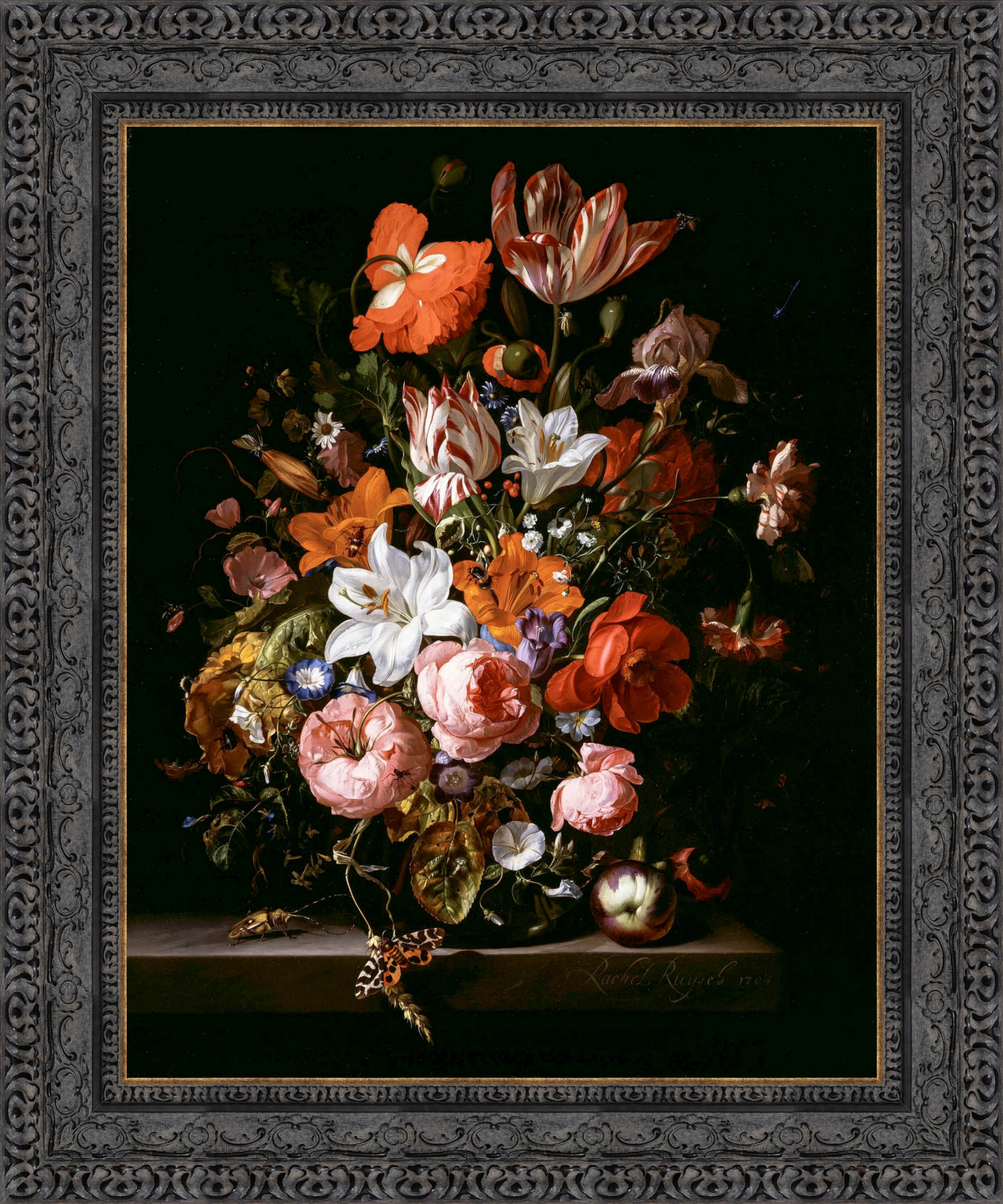 Flowers In A Glass Vase by Rachel Ruysch — Framed Giclee Canvas Print | Canvas Classics