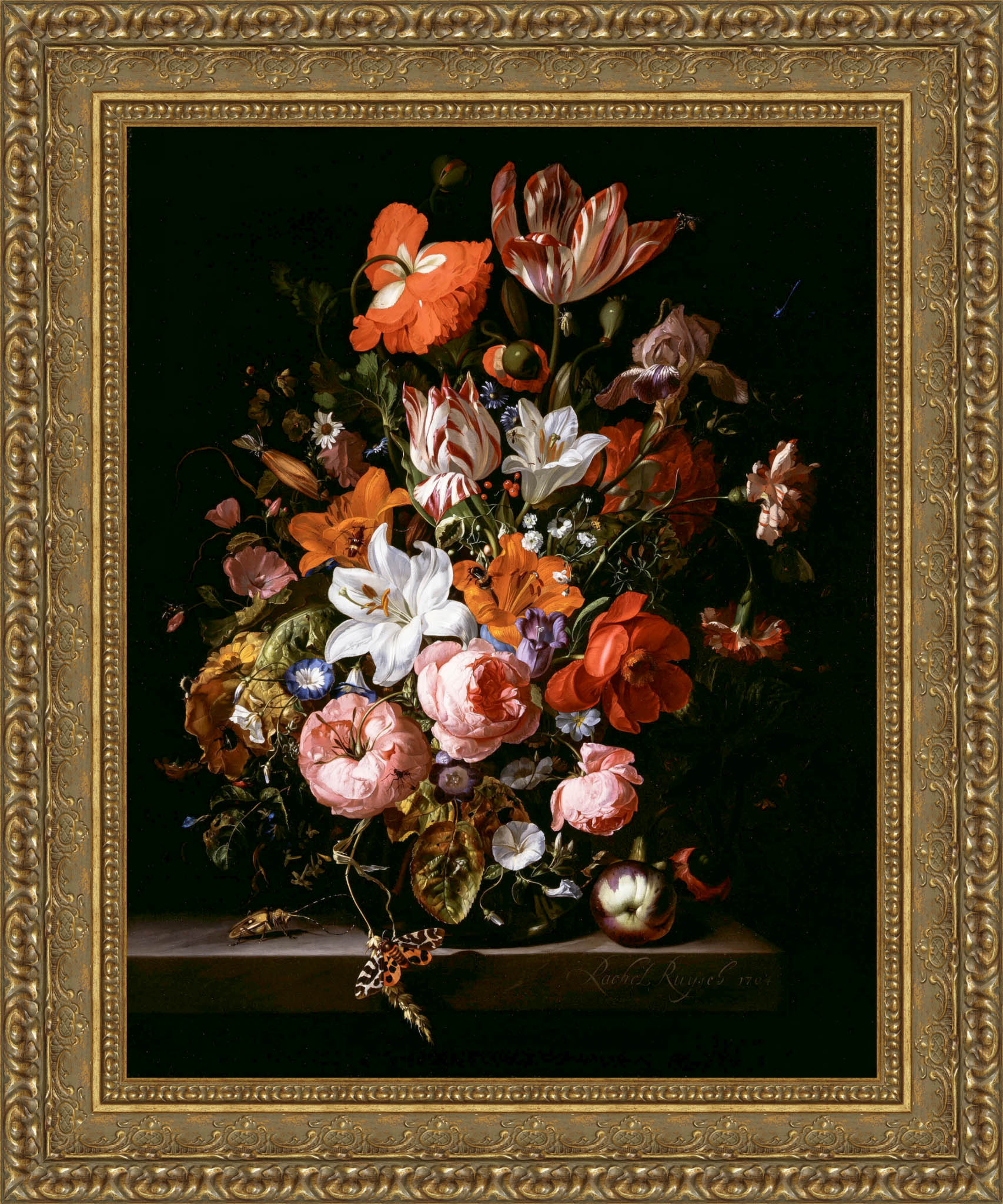 Flowers In A Glass Vase by Rachel Ruysch — Framed Giclee Canvas Print | Canvas Classics