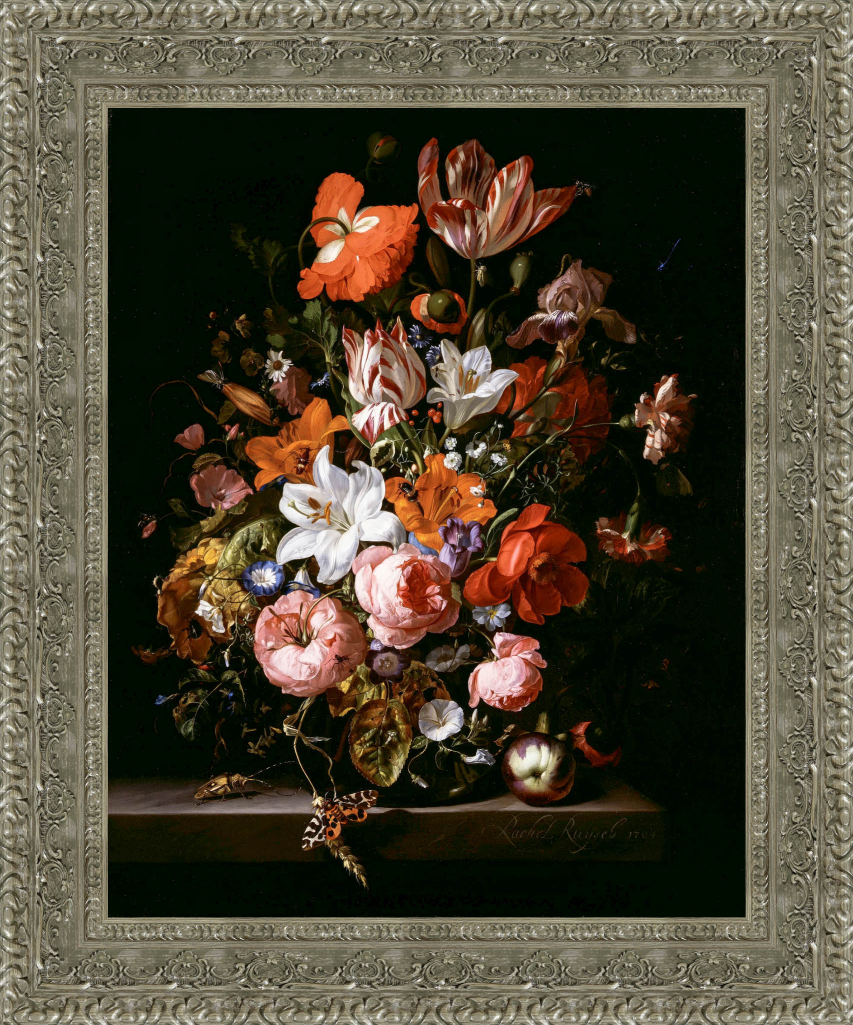 Flowers In A Glass Vase by Rachel Ruysch — Framed Giclee Canvas Print | Canvas Classics