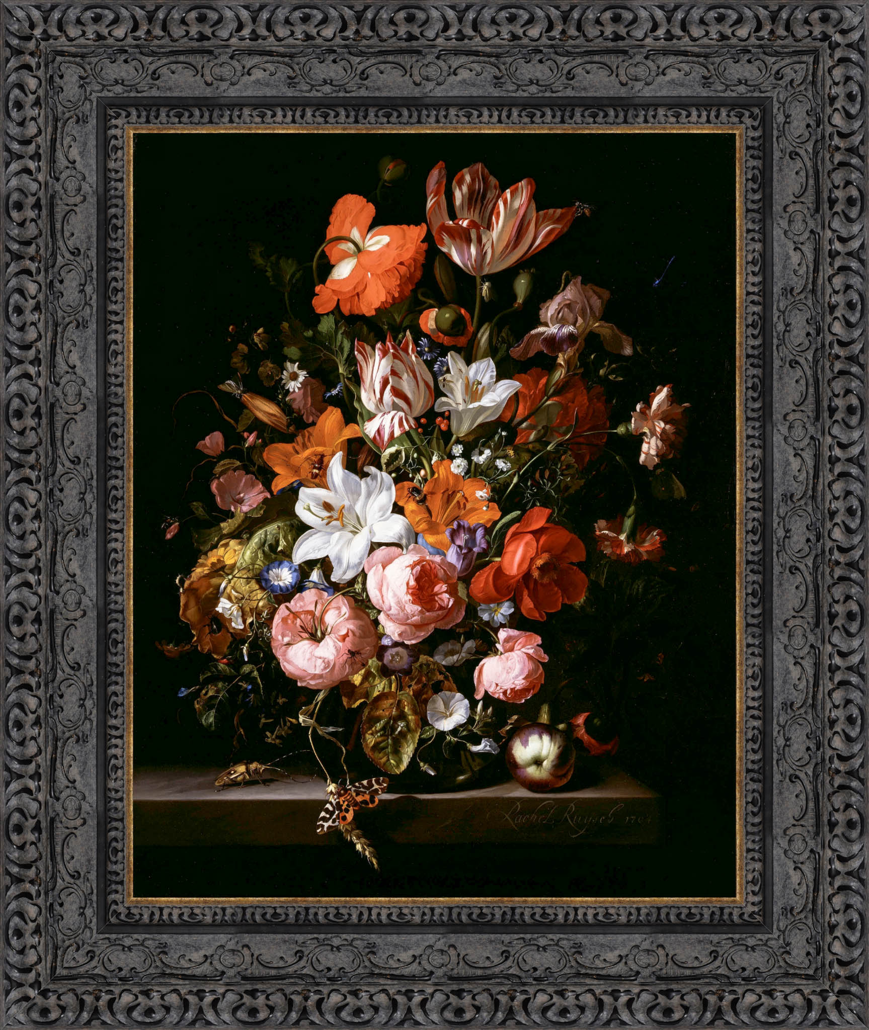Flowers In A Glass Vase by Rachel Ruysch — Framed Giclee Canvas Print | Canvas Classics