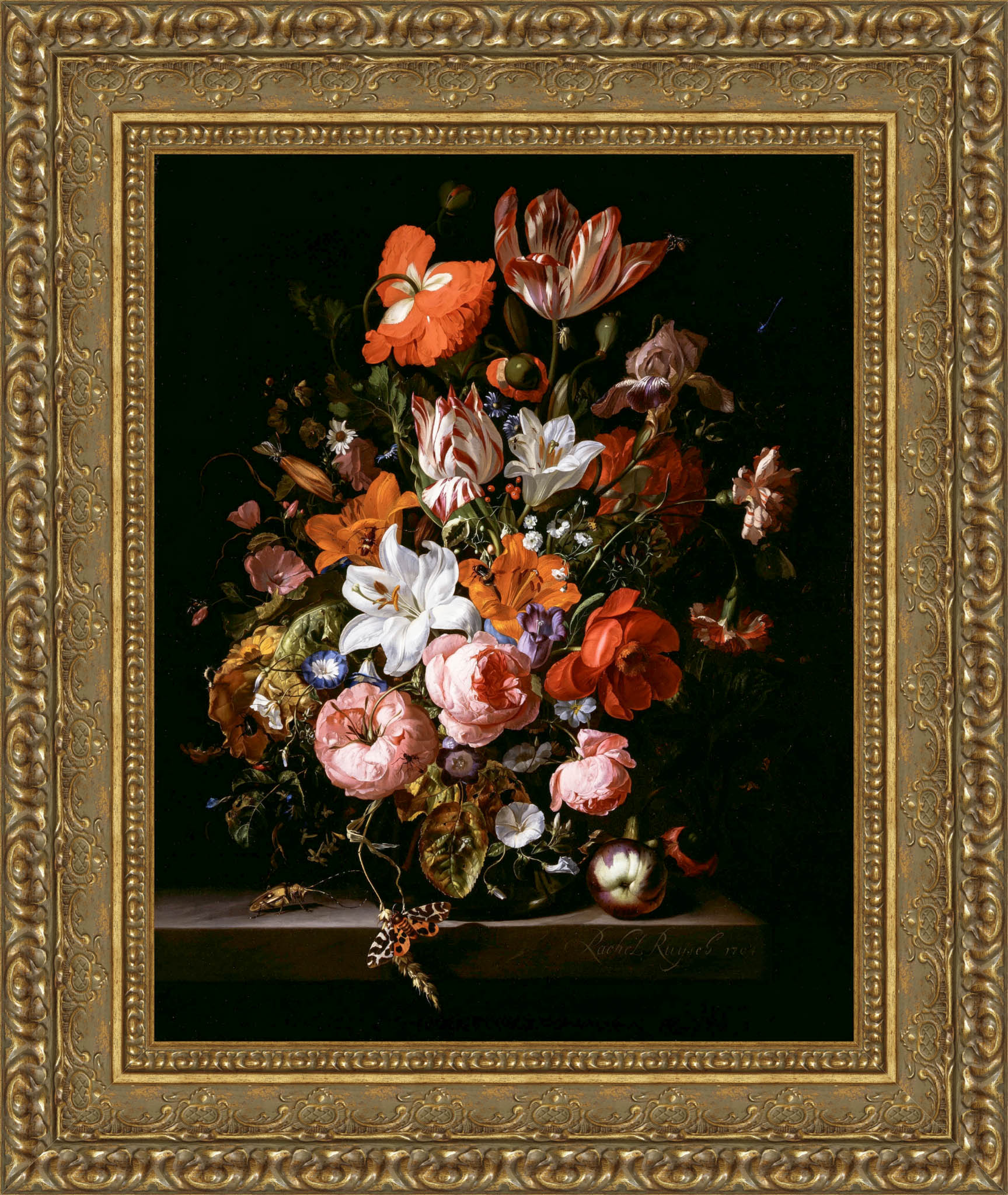 Flowers In A Glass Vase by Rachel Ruysch — Framed Giclee Canvas Print | Canvas Classics