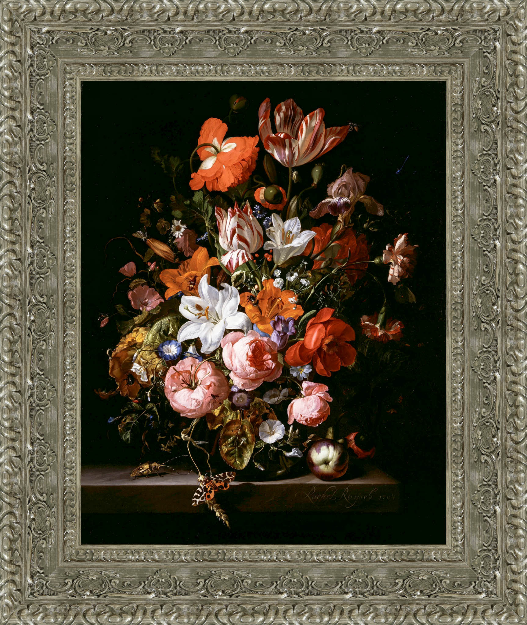 Flowers In A Glass Vase by Rachel Ruysch — Framed Giclee Canvas Print | Canvas Classics