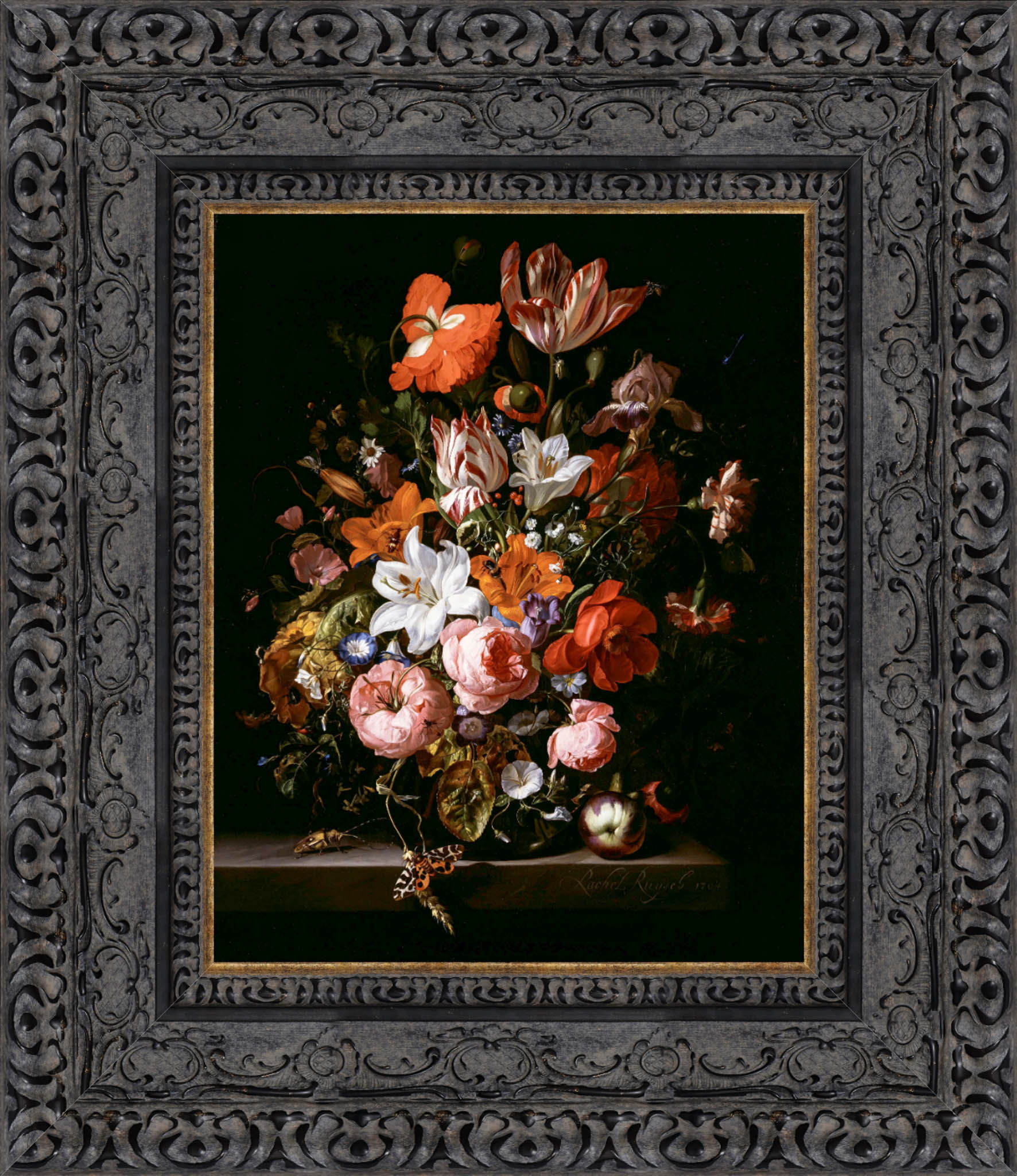 Flowers In A Glass Vase by Rachel Ruysch — Framed Giclee Canvas Print | Canvas Classics
