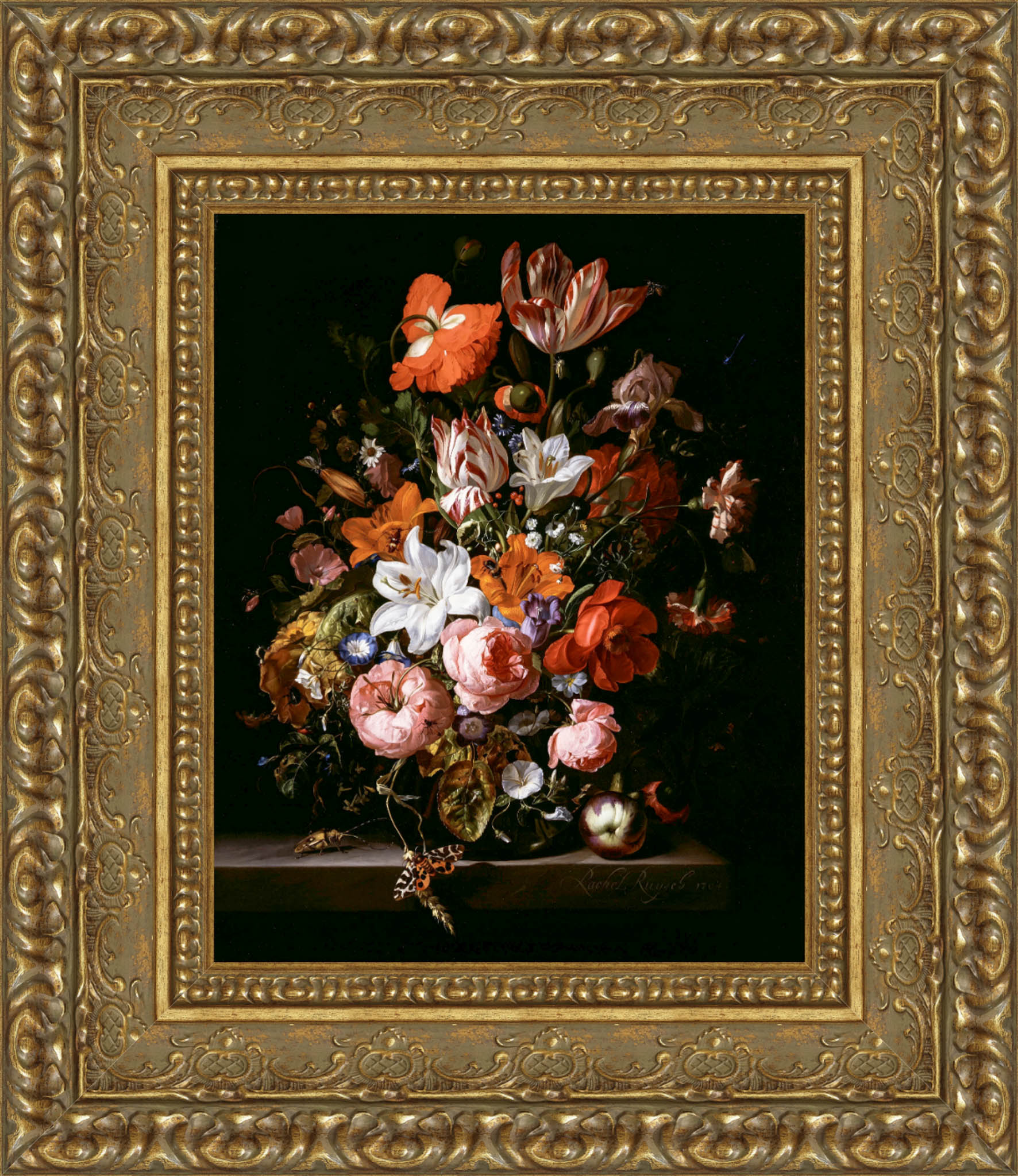 Flowers In A Glass Vase by Rachel Ruysch — Framed Giclee Canvas Print | Canvas Classics