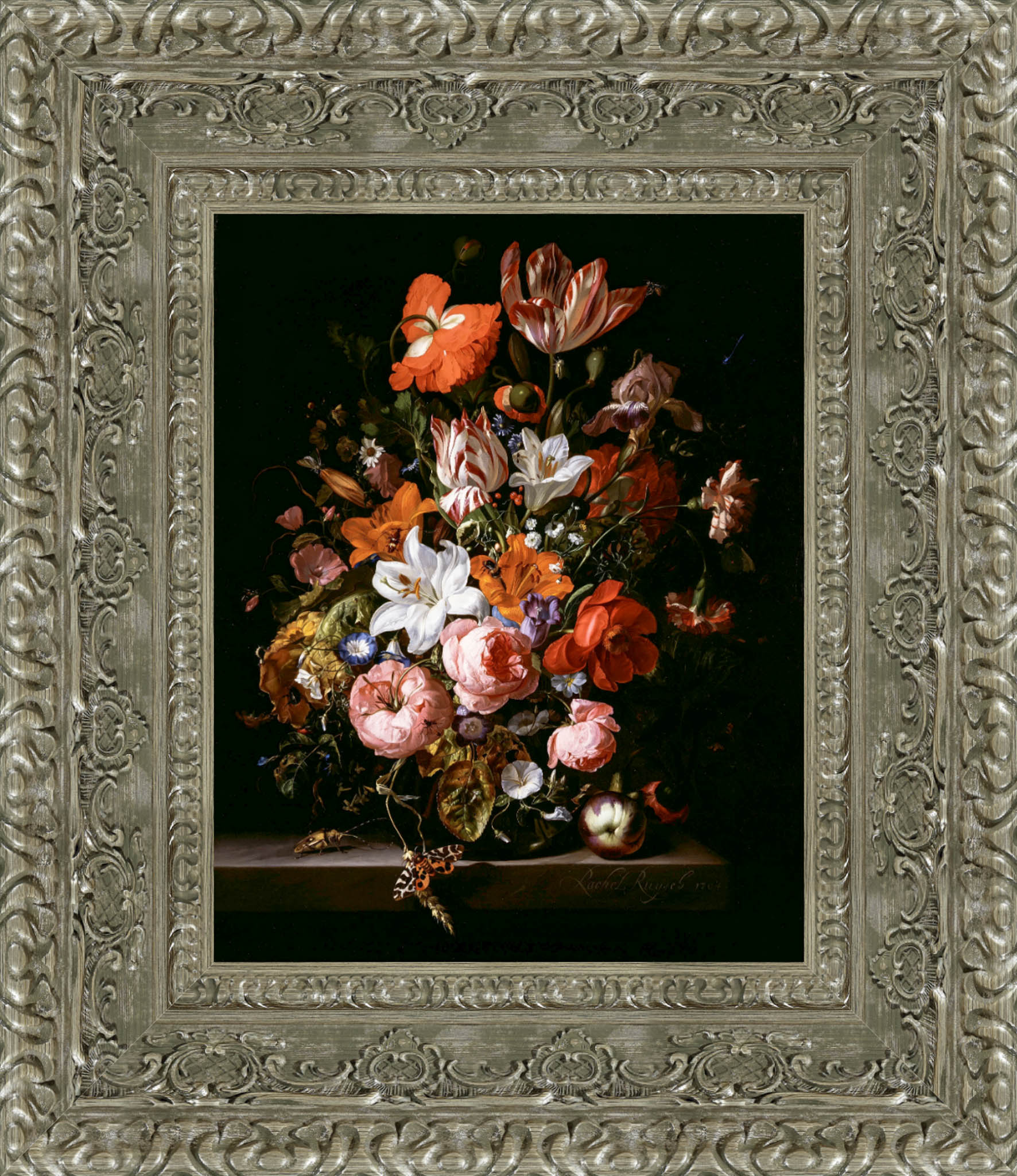 Flowers In A Glass Vase by Rachel Ruysch — Framed Giclee Canvas Print | Canvas Classics