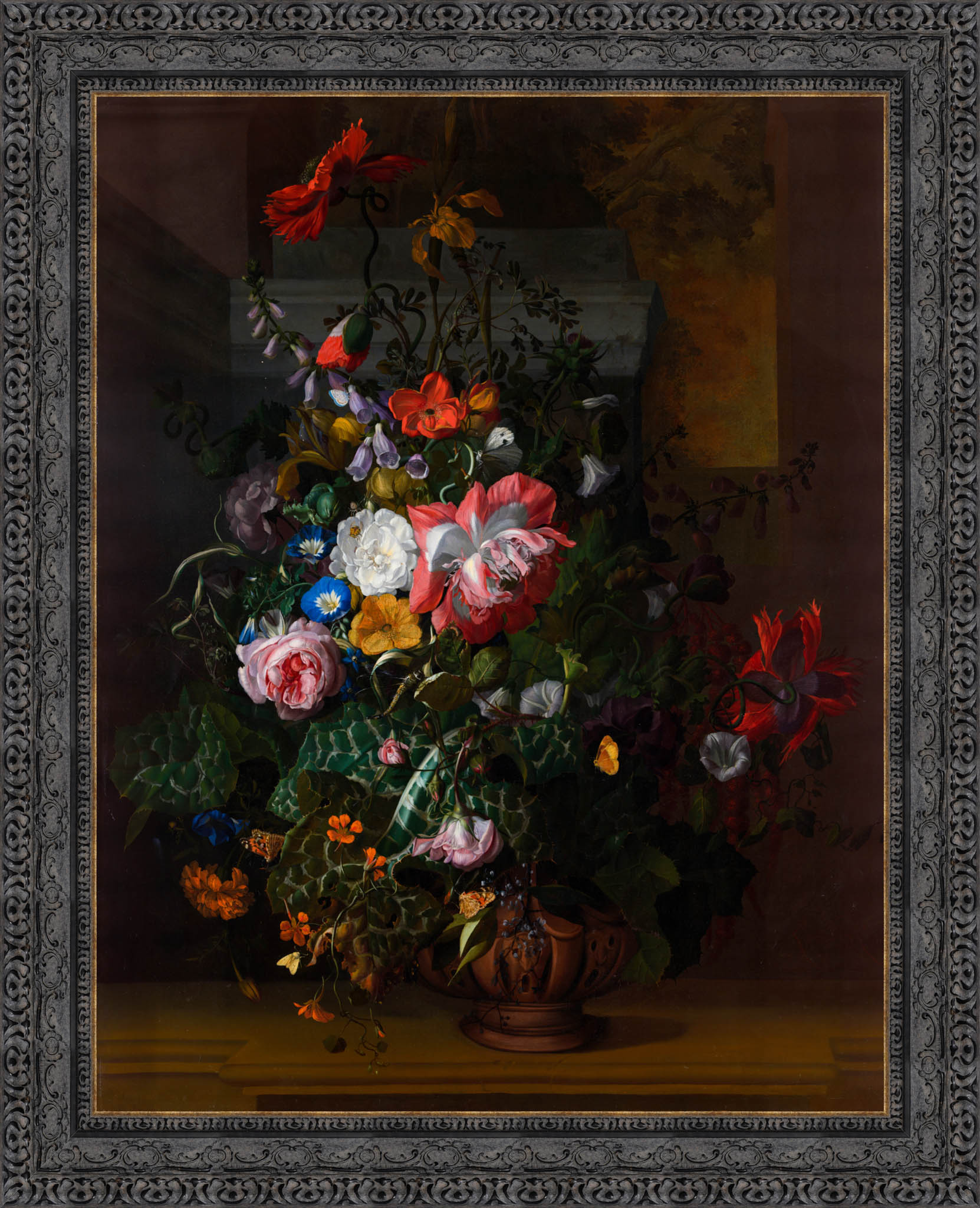 Roses Convolvulus Poppies And Other Flowers In An Urn On A Stone Ledge – Rachel Ruysch, 1680s - Canvas Classics