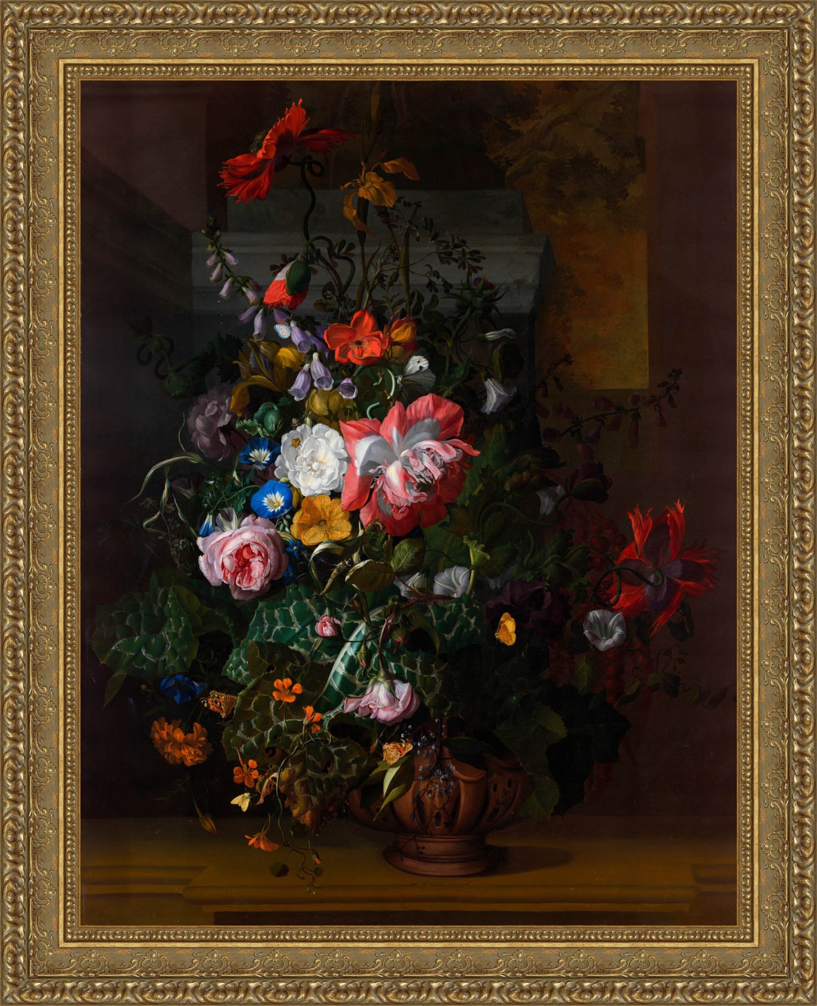 Roses Convolvulus Poppies And Other Flowers In An Urn On A Stone Ledge – Rachel Ruysch, 1680s - Canvas Classics