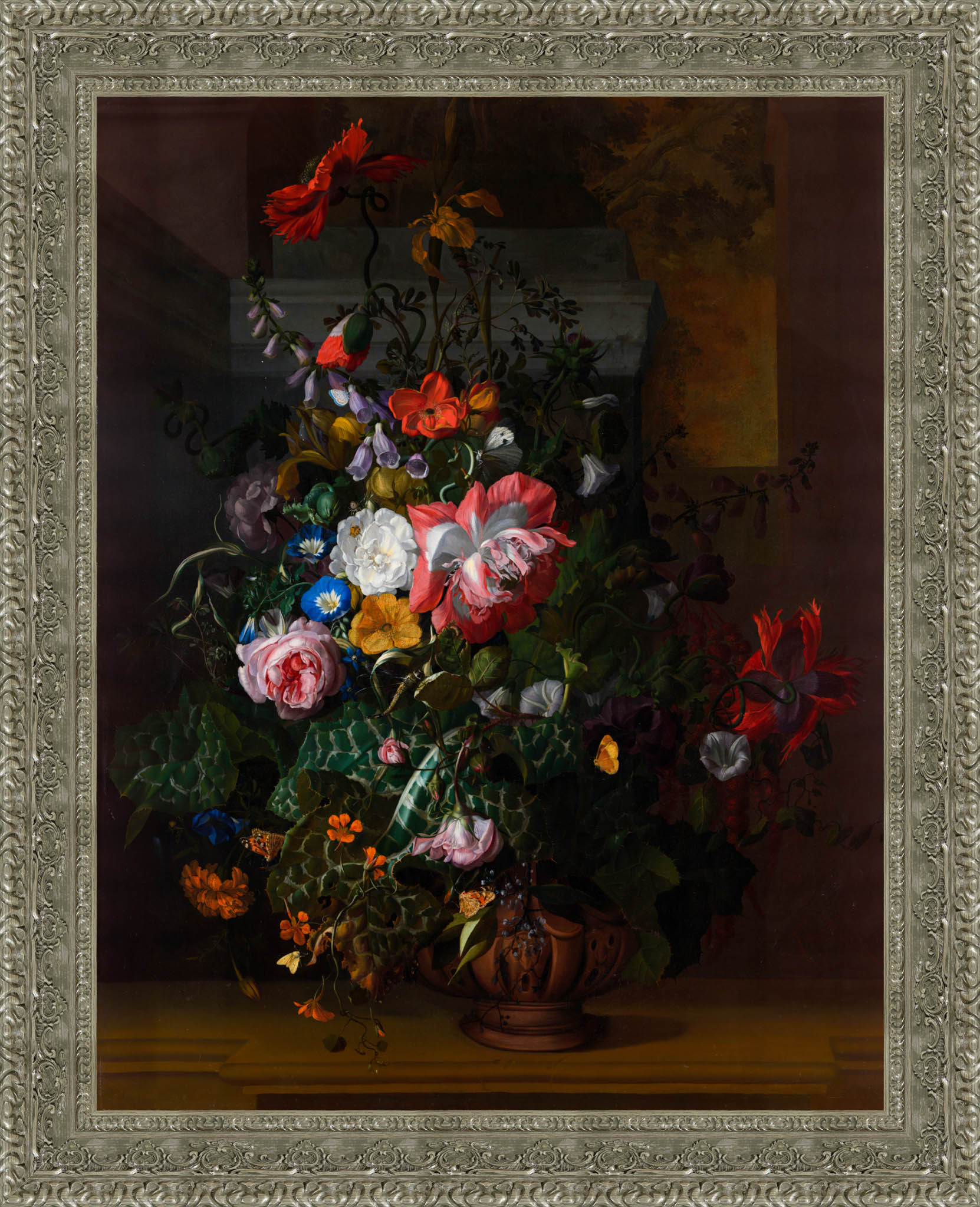 Roses Convolvulus Poppies And Other Flowers In An Urn On A Stone Ledge – Rachel Ruysch, 1680s - Canvas Classics
