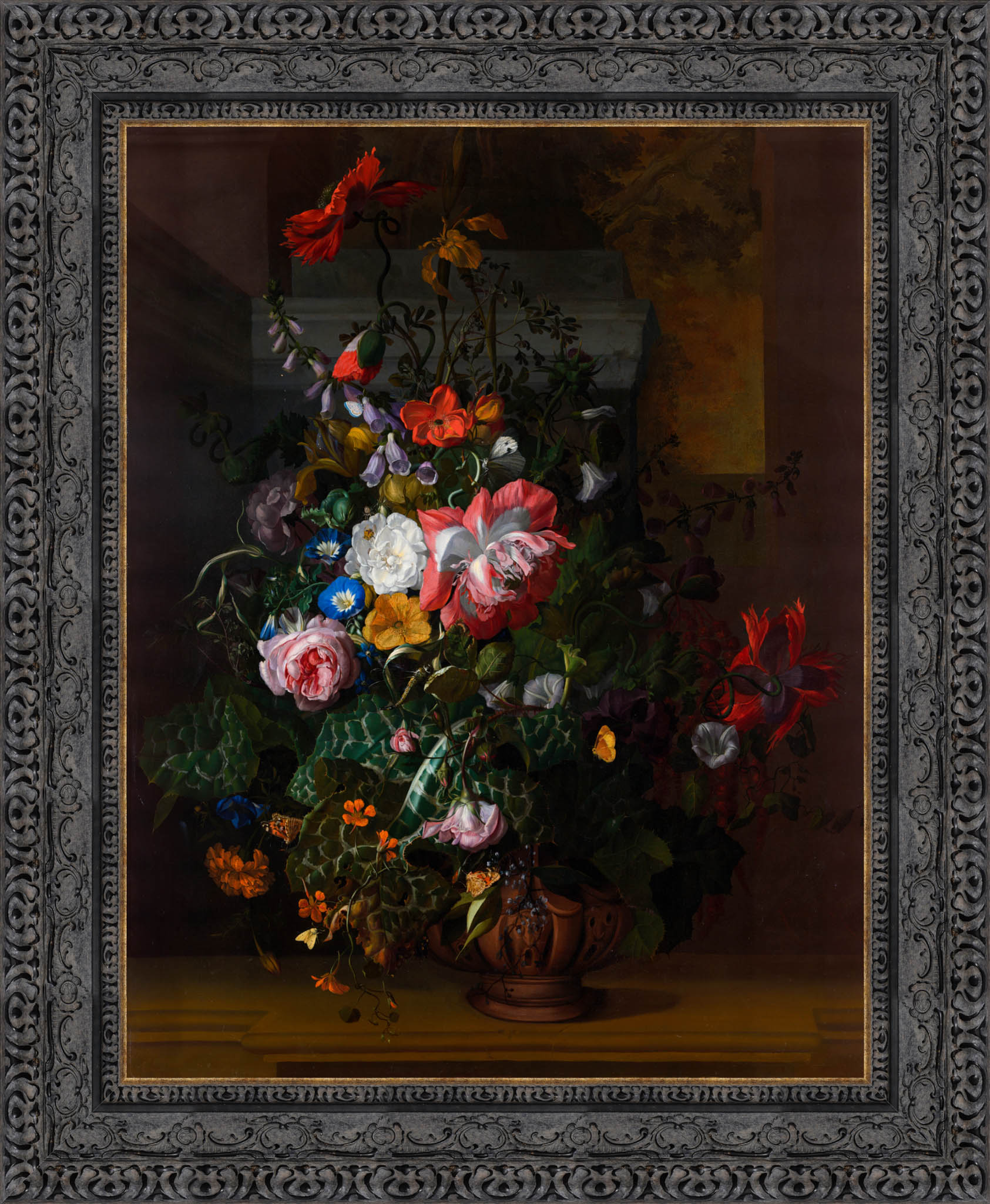 Roses Convolvulus Poppies And Other Flowers In An Urn On A Stone Ledge – Rachel Ruysch, 1680s - Canvas Classics