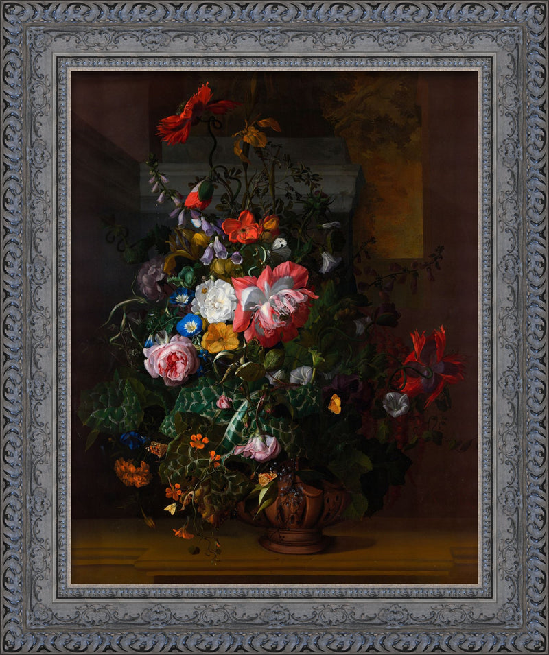 Roses Convolvulus Poppies And Other Flowers In An Urn On A Stone Ledge – Rachel Ruysch, 1680s