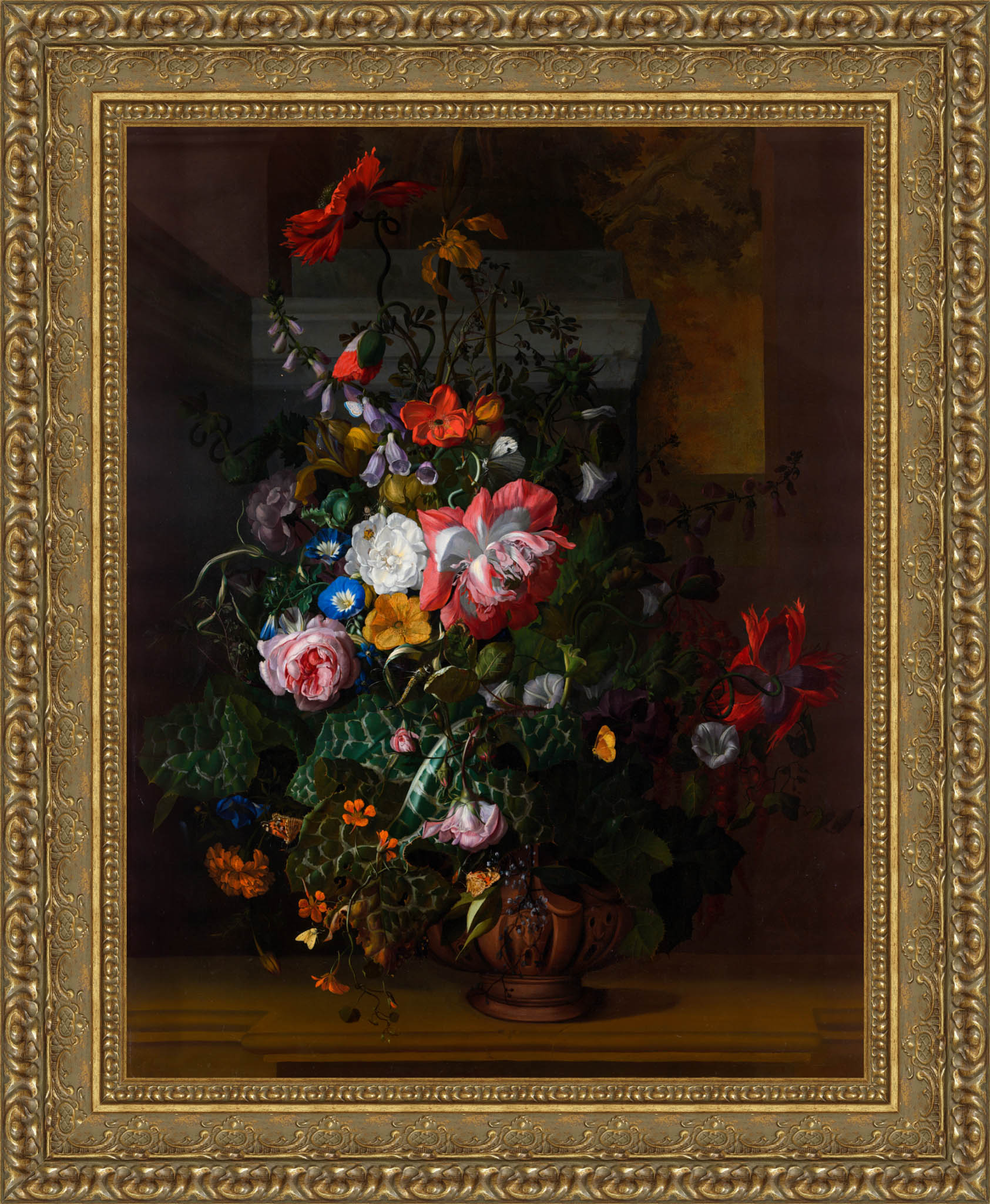 Roses Convolvulus Poppies And Other Flowers In An Urn On A Stone Ledge – Rachel Ruysch, 1680s - Canvas Classics