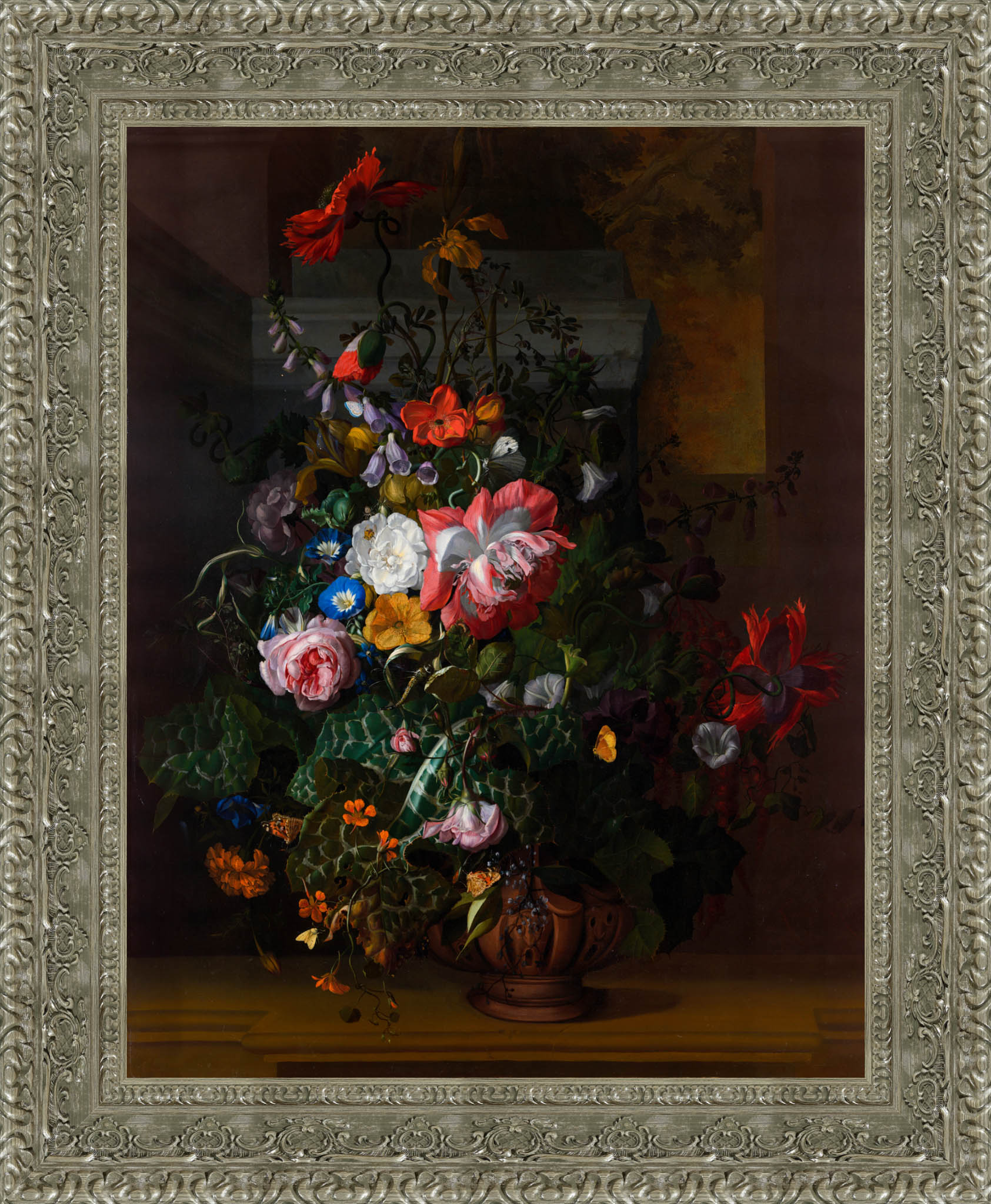 Roses Convolvulus Poppies And Other Flowers In An Urn On A Stone Ledge – Rachel Ruysch, 1680s - Canvas Classics