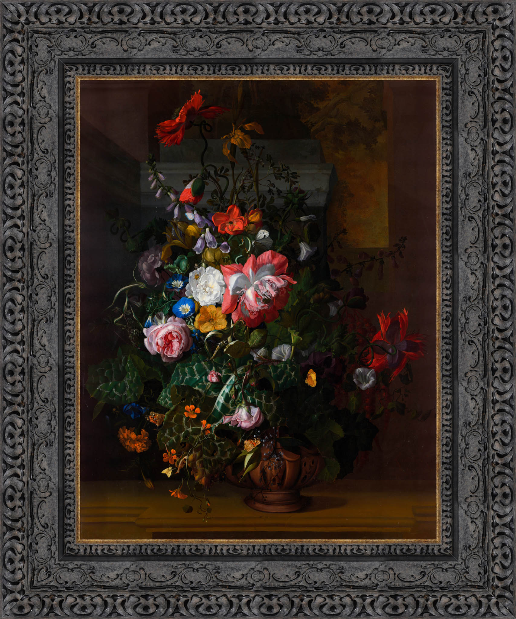 Roses Convolvulus Poppies And Other Flowers In An Urn On A Stone Ledge – Rachel Ruysch, 1680s - Canvas Classics