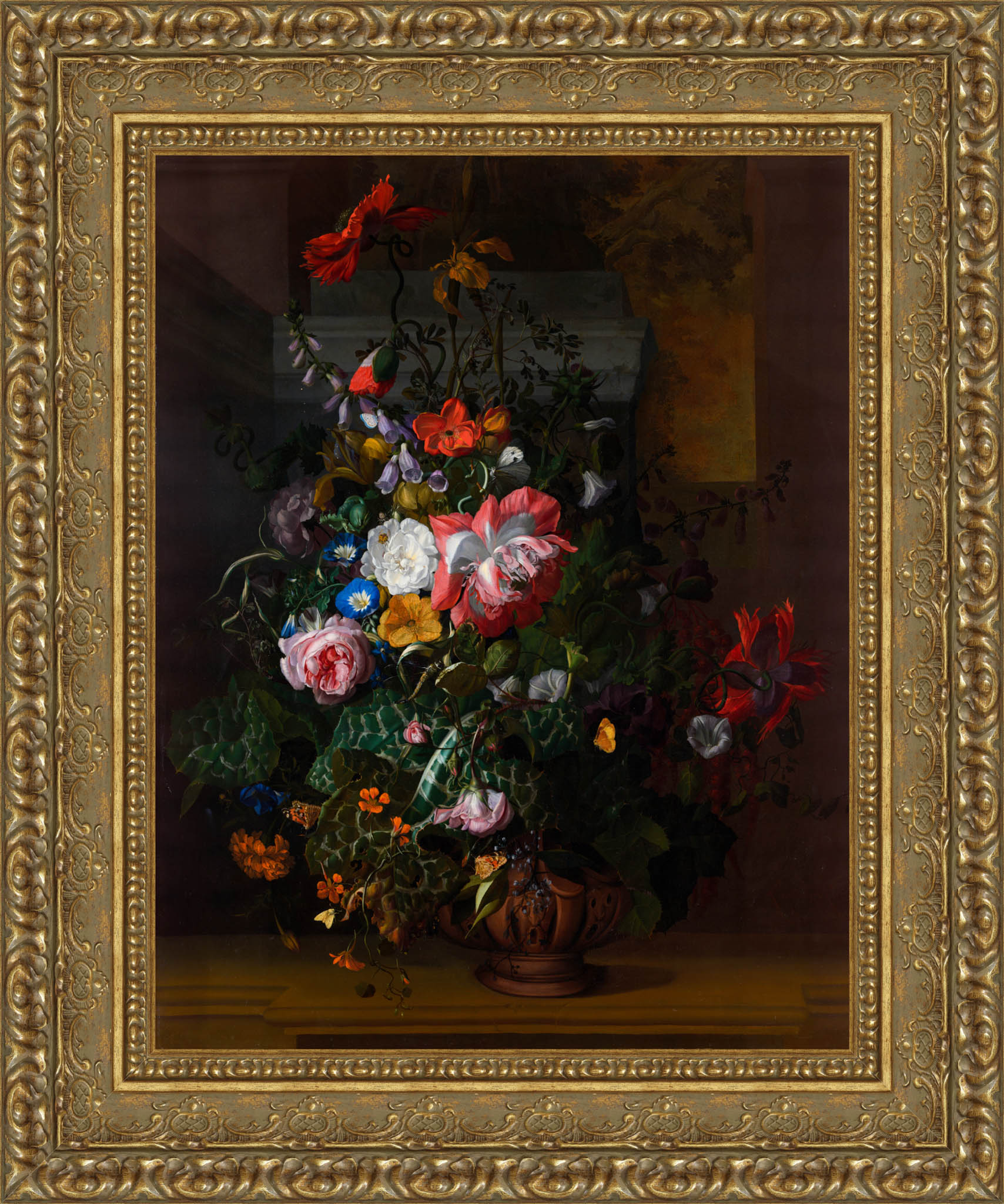 Roses Convolvulus Poppies And Other Flowers In An Urn On A Stone Ledge – Rachel Ruysch, 1680s - Canvas Classics