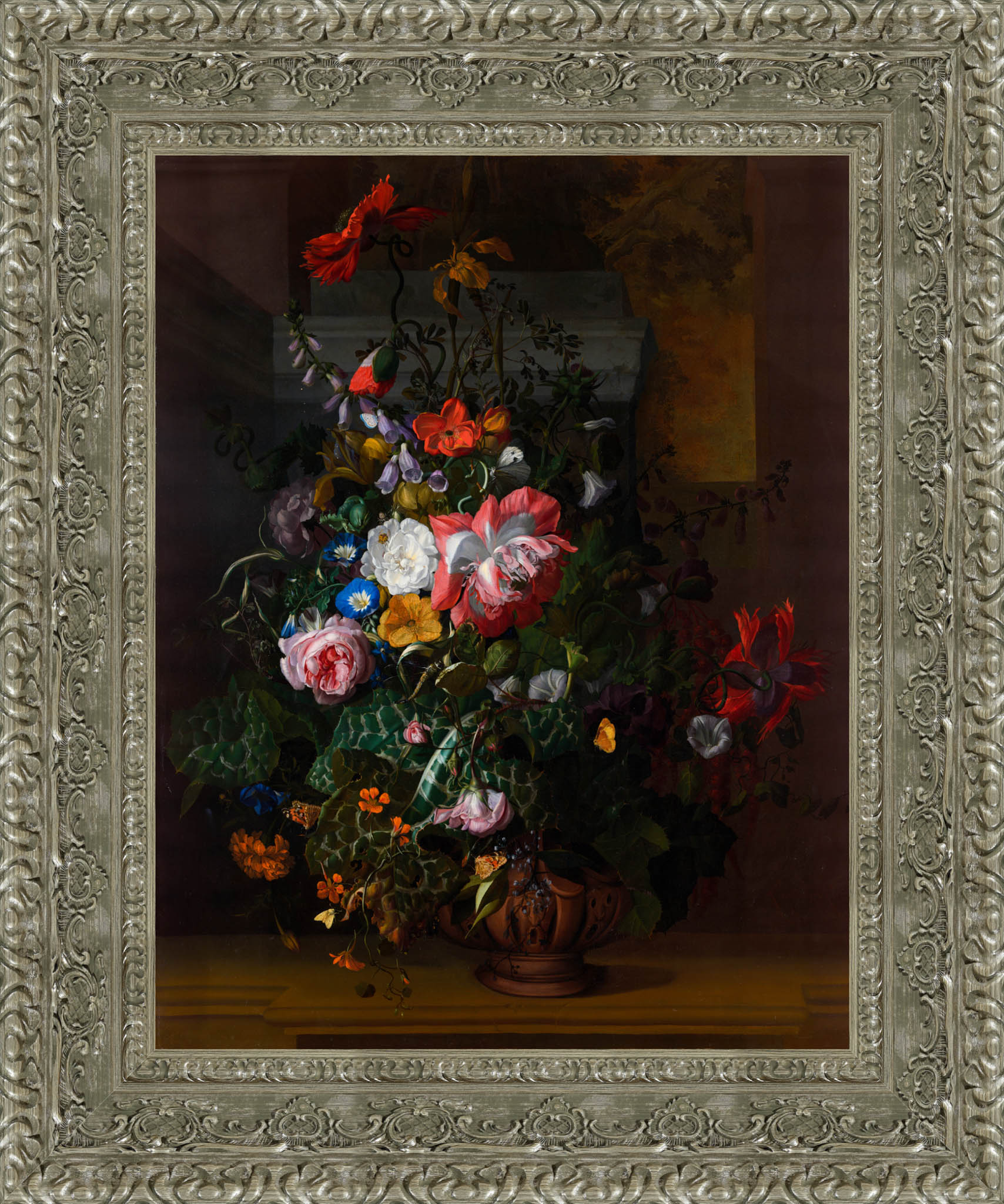 Roses Convolvulus Poppies And Other Flowers In An Urn On A Stone Ledge – Rachel Ruysch, 1680s - Canvas Classics