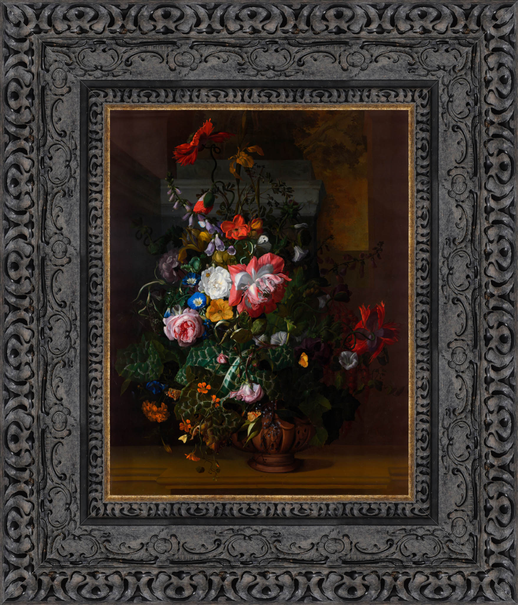 Roses Convolvulus Poppies And Other Flowers In An Urn On A Stone Ledge – Rachel Ruysch, 1680s - Canvas Classics